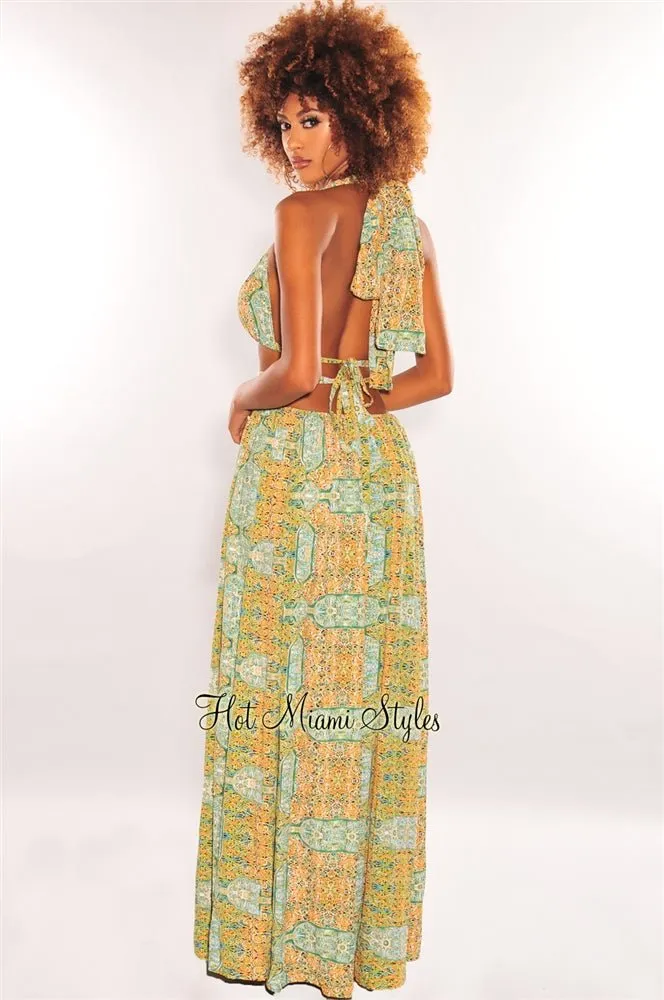 Green Print O-Ring Cut Out Gold Belted Double Slit Maxi Dress