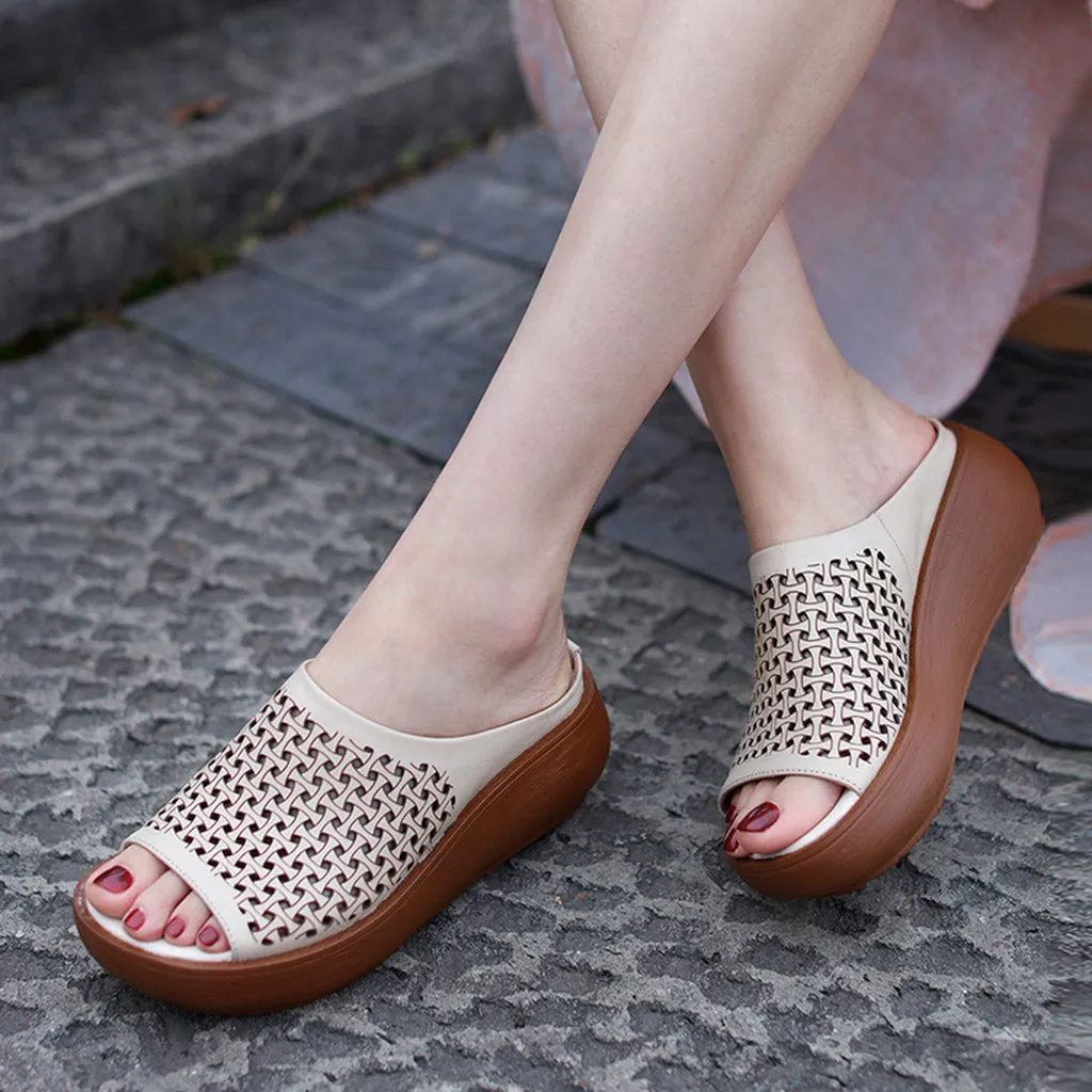 Handmade Leather Hollow Summer Wedge Slippers