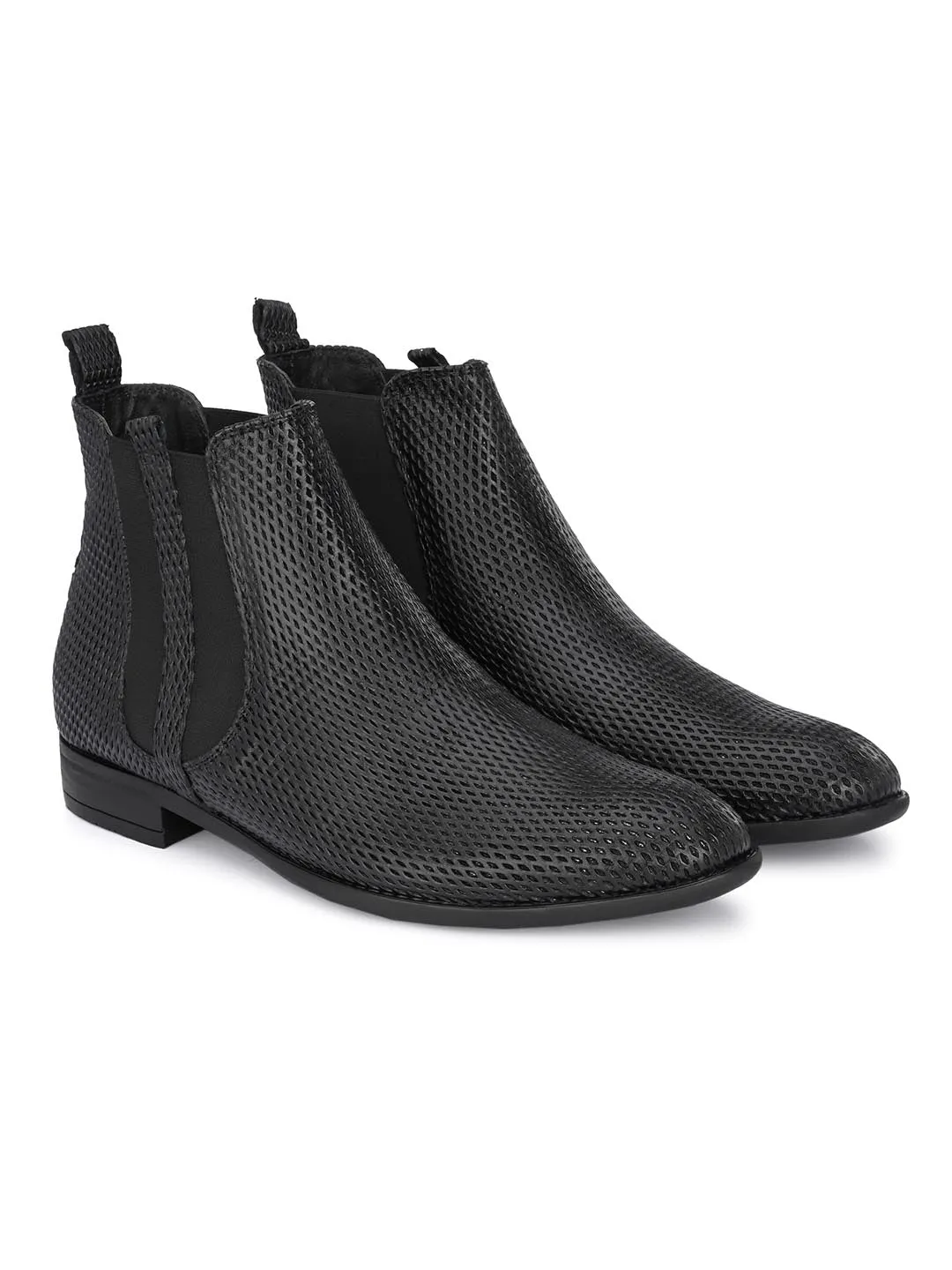 Hitz Men's Black Leather Slip-On Ankle Boot Shoes