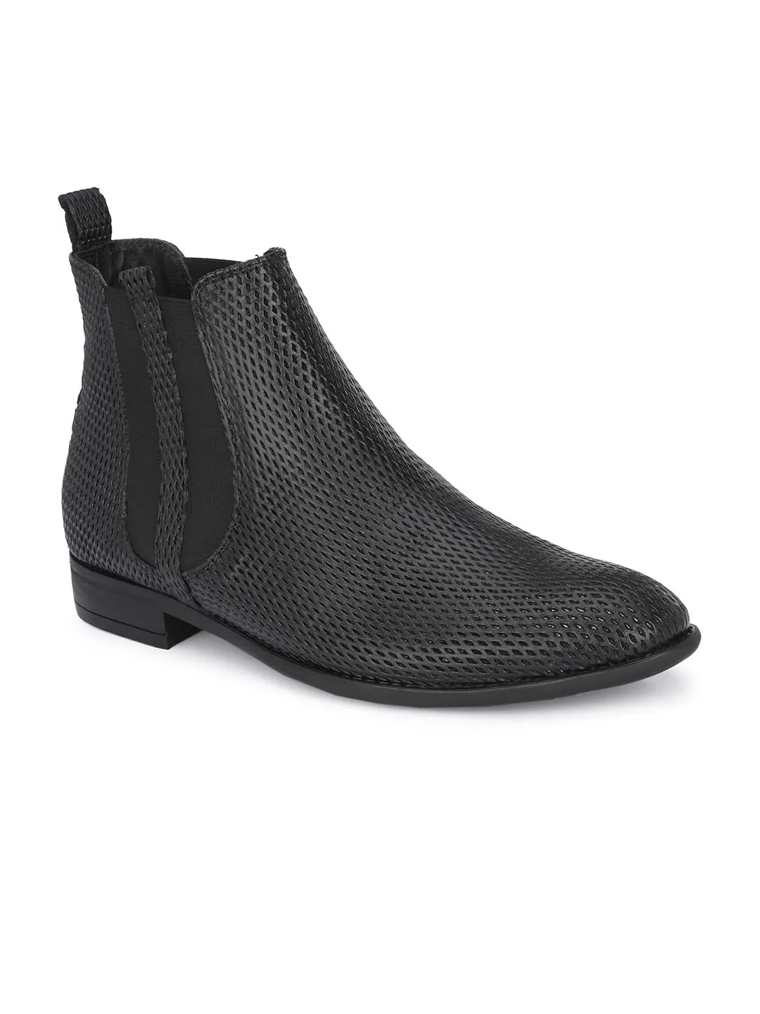 Hitz Men's Black Leather Slip-On Ankle Boot Shoes