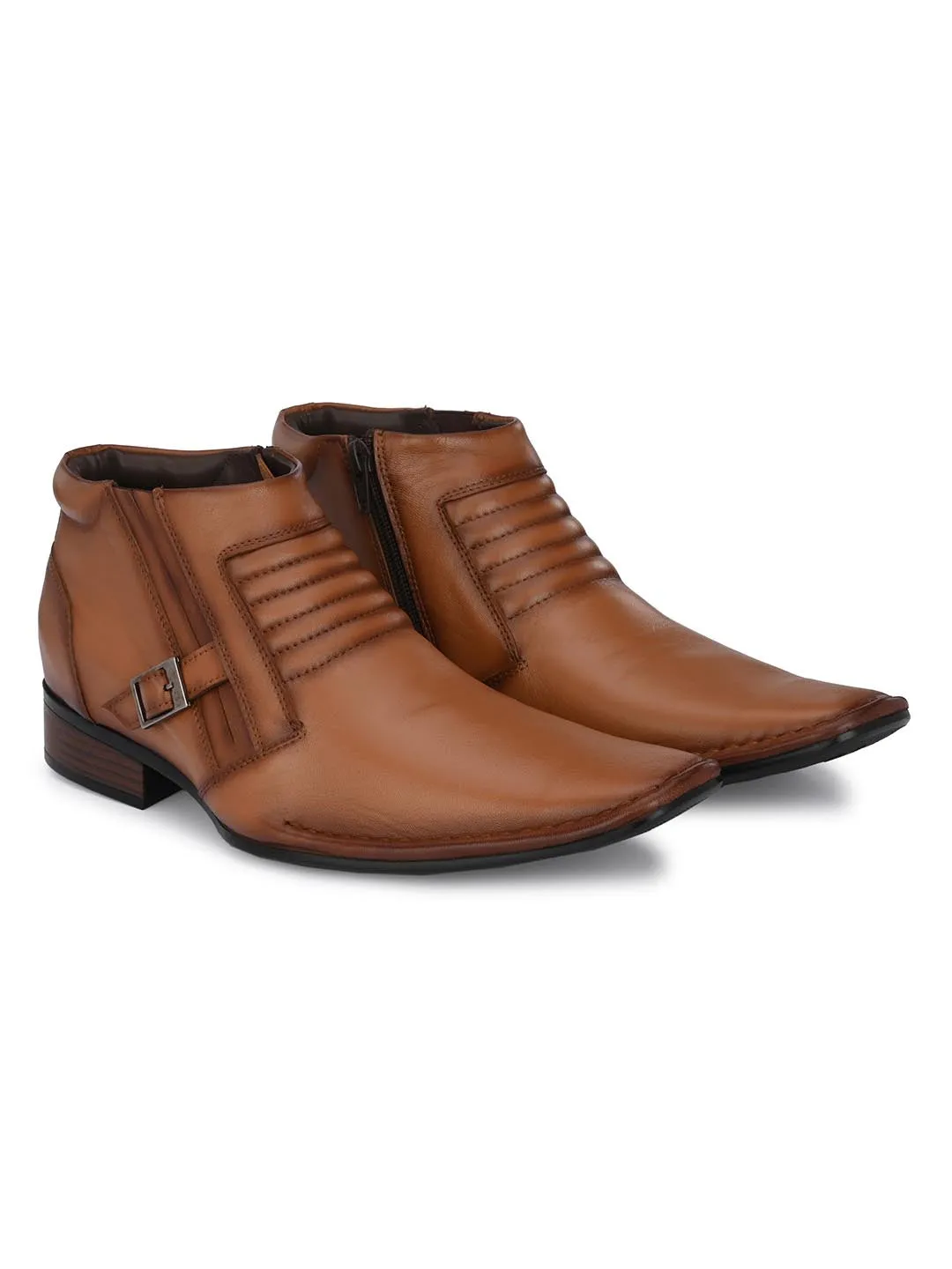 Hitz Men's Tan Leather Ankle Boot Shoes with Zip Closure