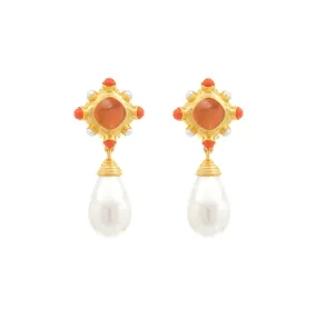 Julia Earrings Citrine Quartz, Coral & Pearls