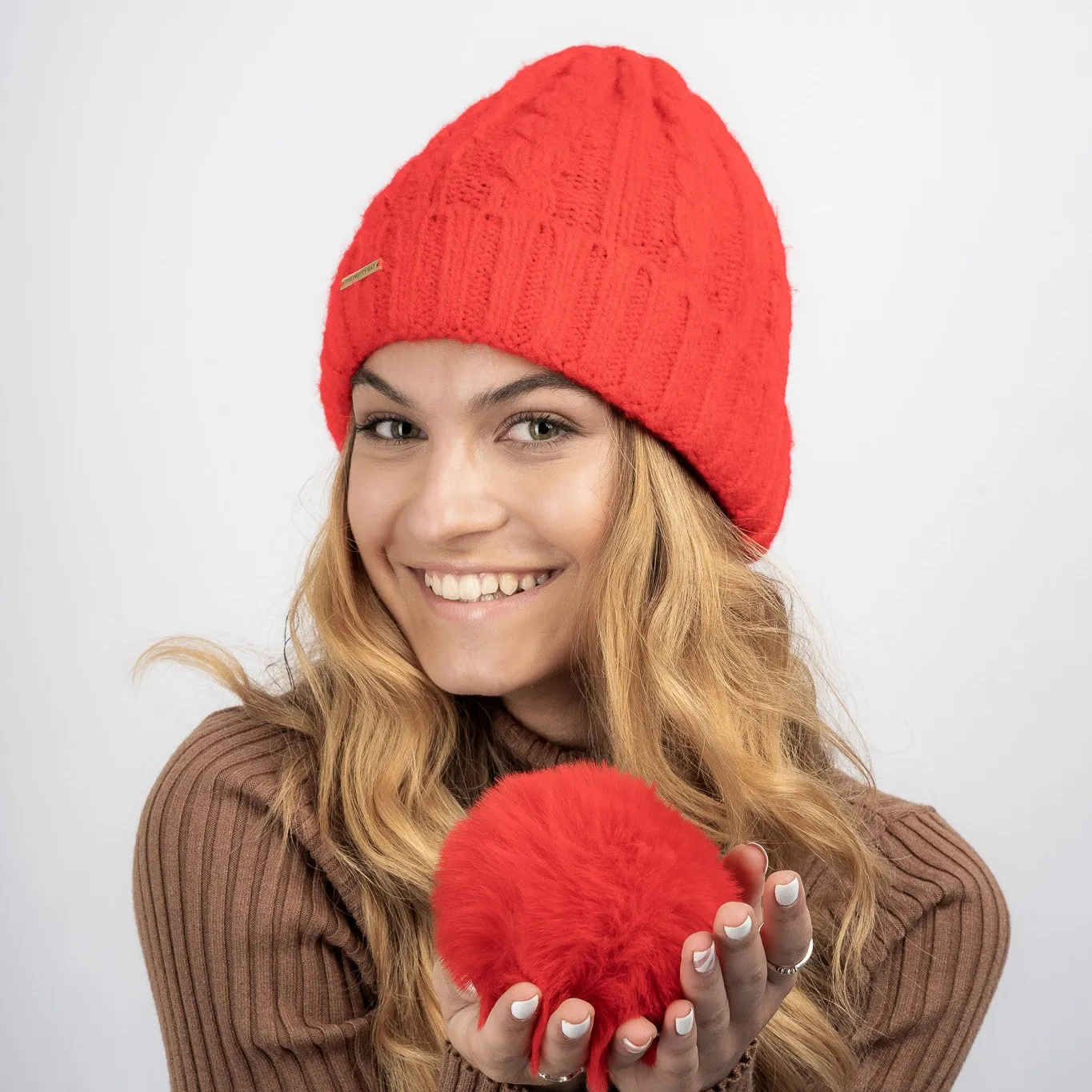 Laura Satin Lined Beanie With Detachable Pom - Bright Red