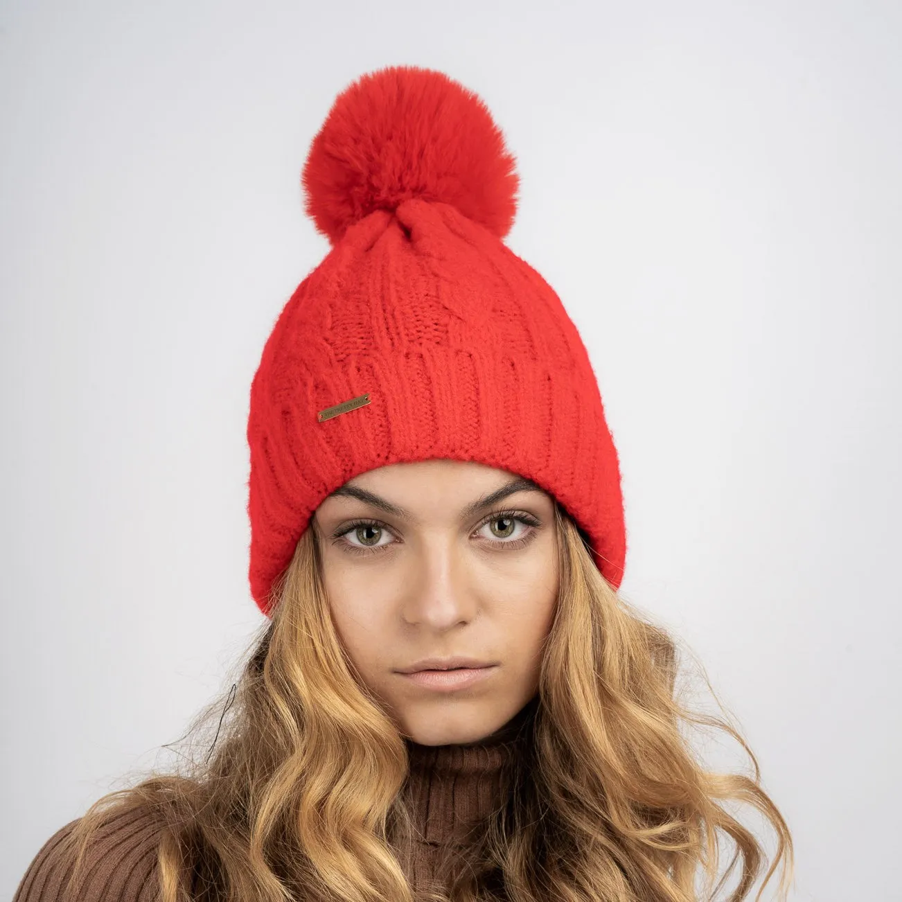 Laura Satin Lined Beanie With Detachable Pom - Bright Red