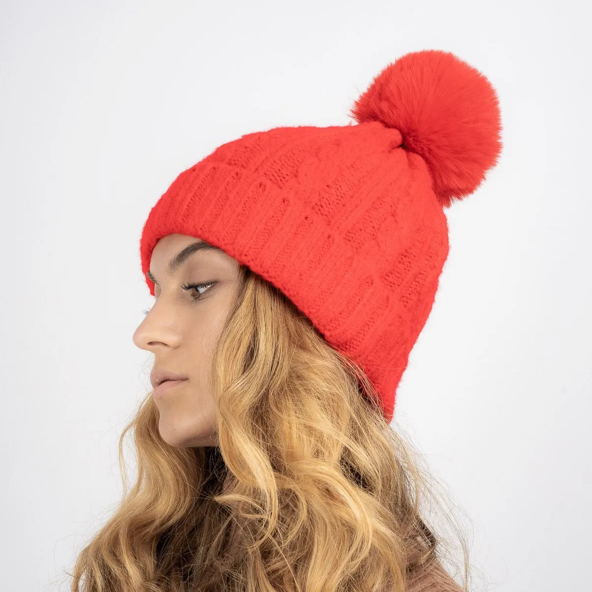 Laura Satin Lined Beanie With Detachable Pom - Bright Red