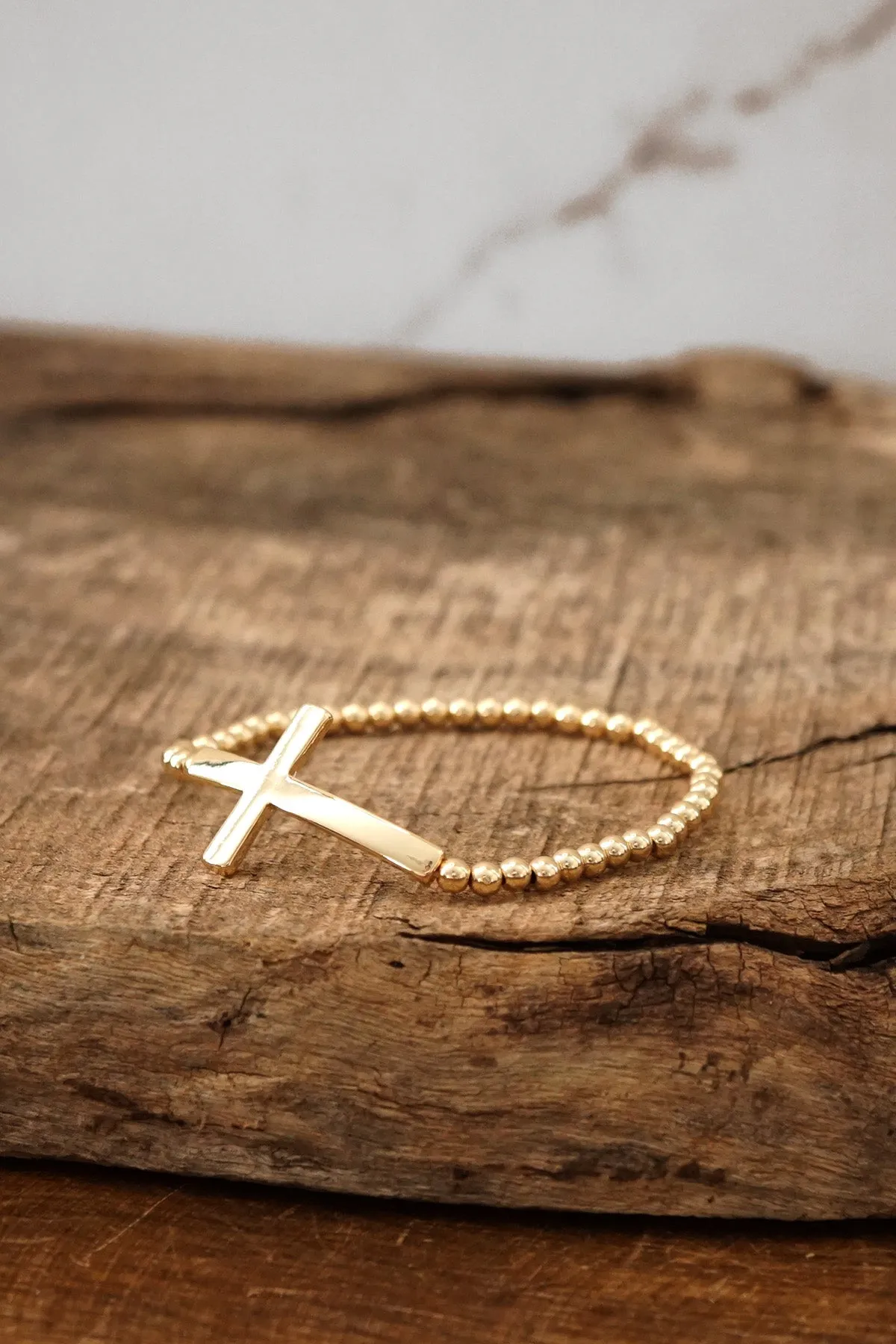 Minimal Cross Stretchy Bracelet in Gold tone with Ball Beads