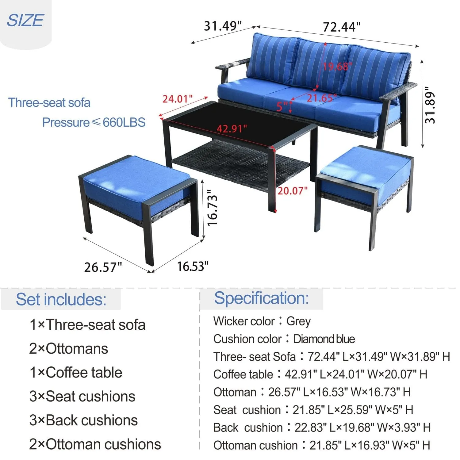 Ovios Outdoor Bistro Table Set 4 Piece with 5'' Cushion, Olefin Fabric