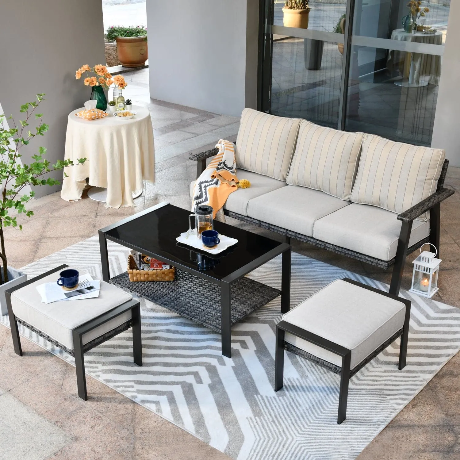 Ovios Outdoor Bistro Table Set 4 Piece with 5'' Cushion, Olefin Fabric