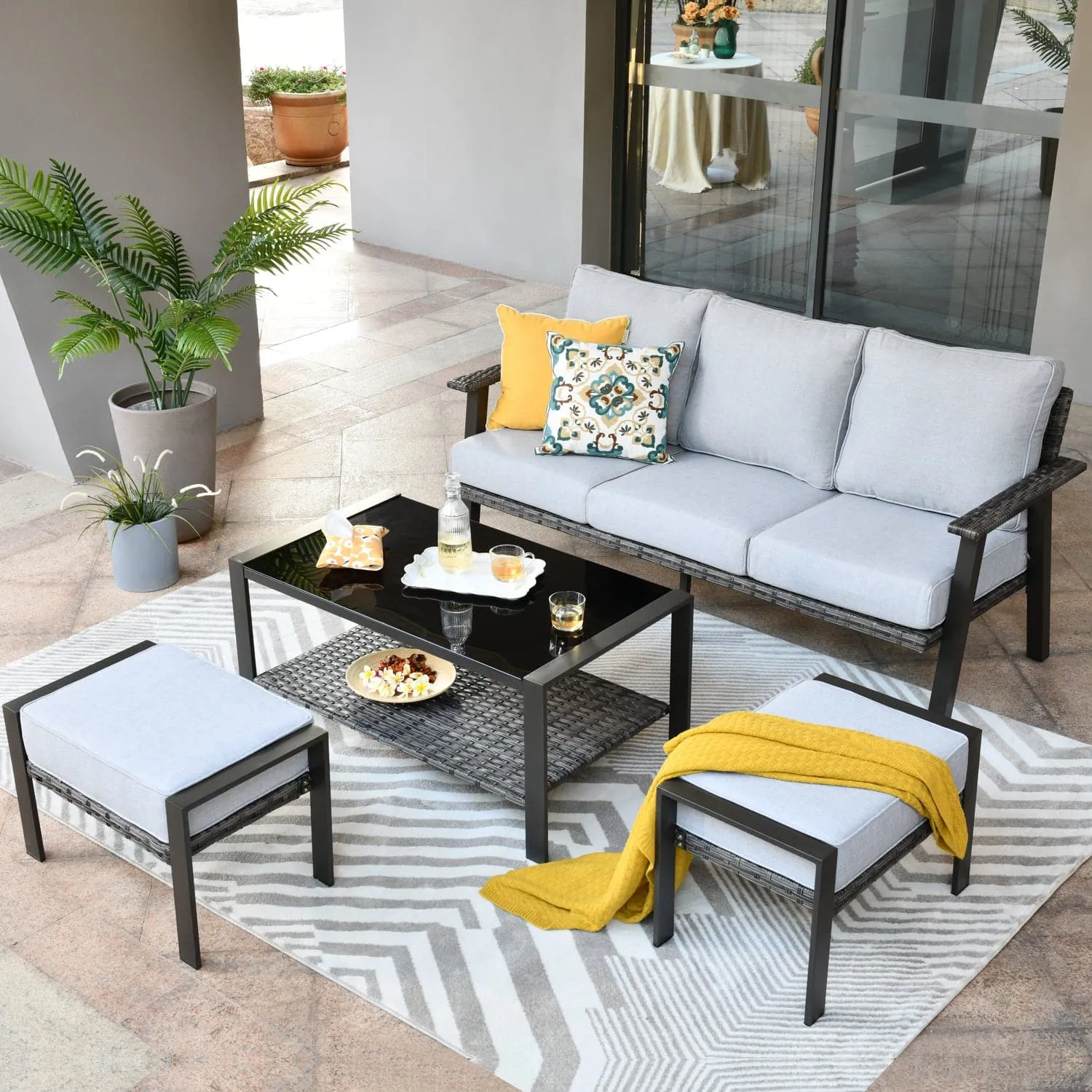 Ovios Outdoor Bistro Table Set 4 Piece with 5'' Cushion, Olefin Fabric