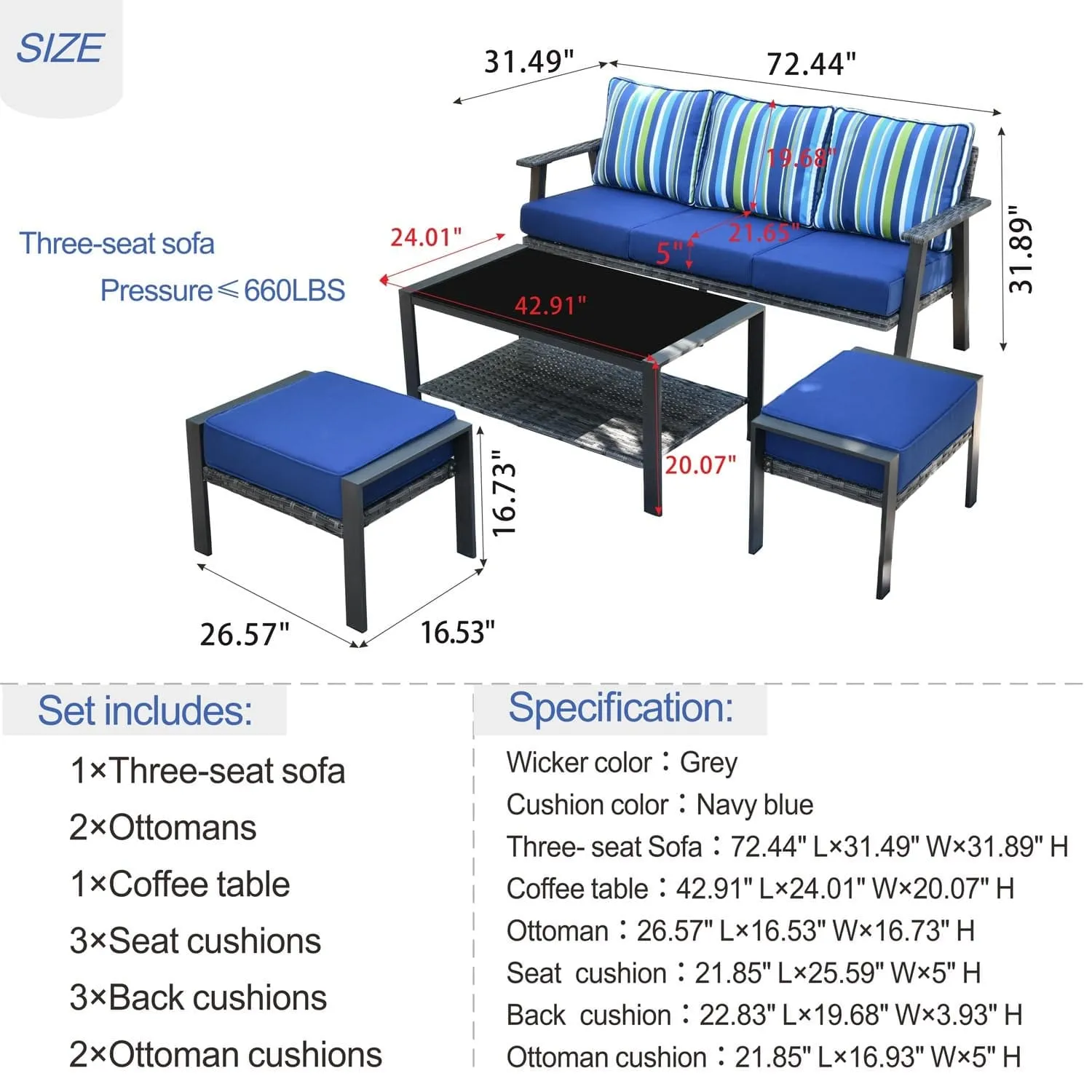 Ovios Outdoor Bistro Table Set 4 Piece with 5'' Cushion, Olefin Fabric