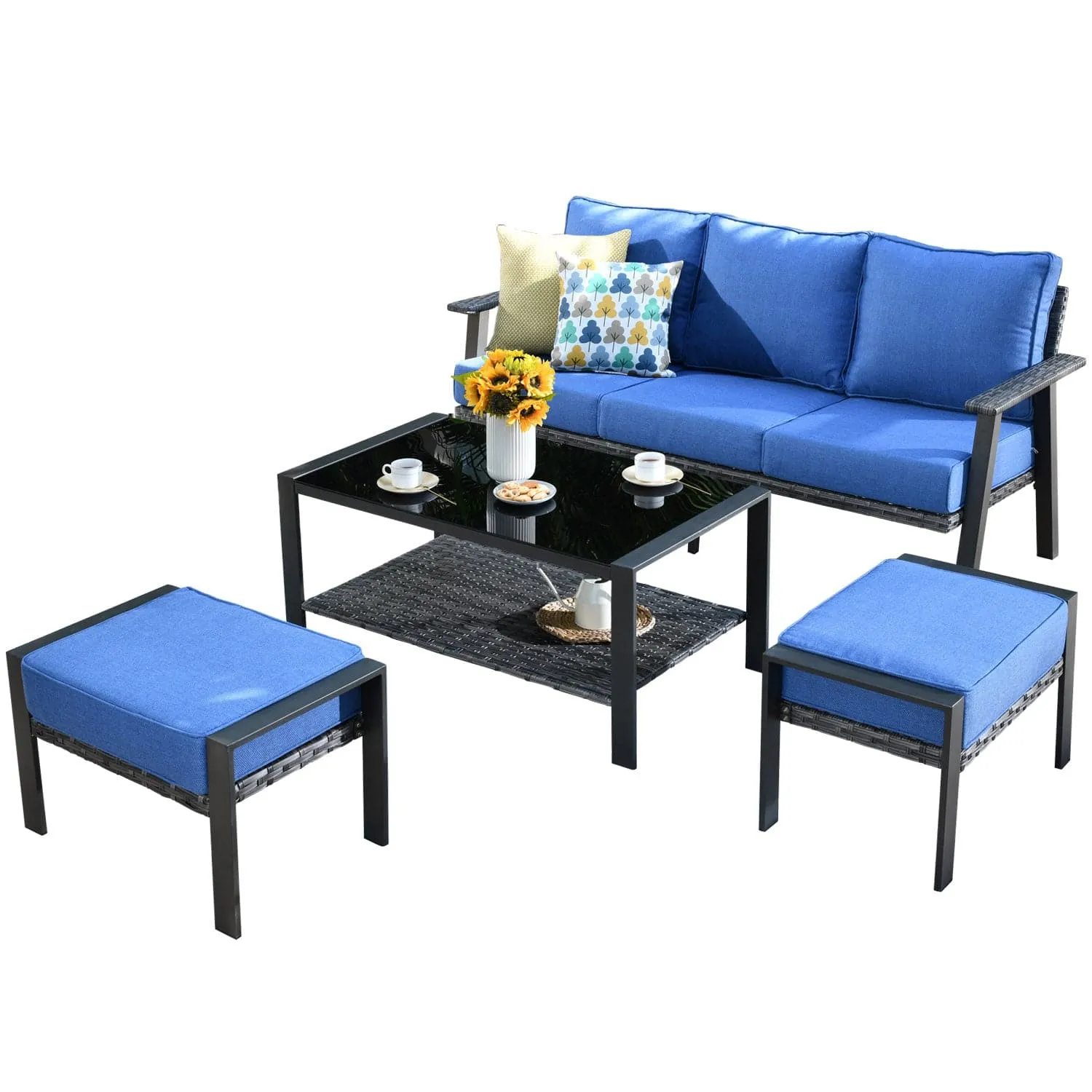 Ovios Outdoor Bistro Table Set 4 Piece with 5'' Cushion, Olefin Fabric