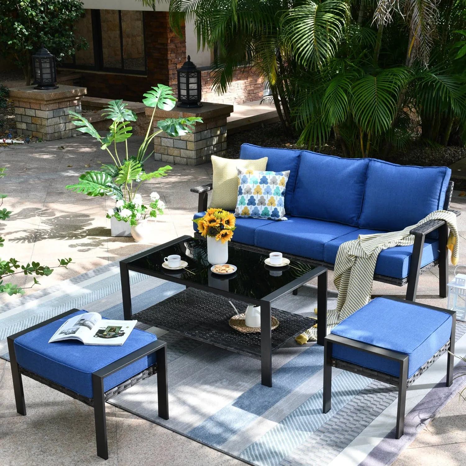 Ovios Outdoor Bistro Table Set 4 Piece with 5'' Cushion, Olefin Fabric