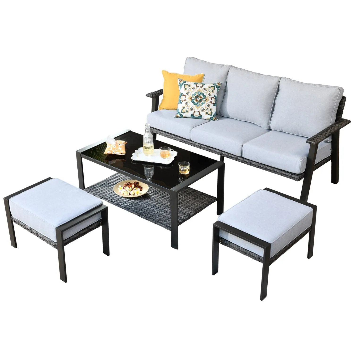 Ovios Outdoor Bistro Table Set 4 Piece with 5'' Cushion, Olefin Fabric