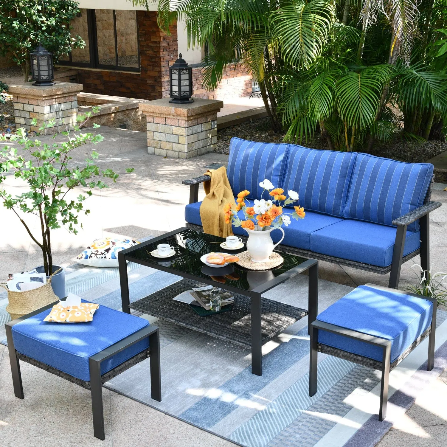 Ovios Outdoor Bistro Table Set 4 Piece with 5'' Cushion, Olefin Fabric