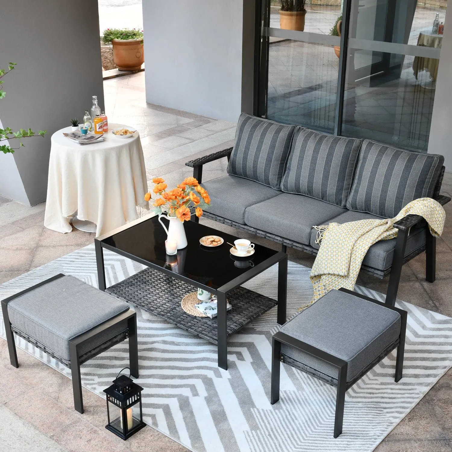 Ovios Outdoor Bistro Table Set 4 Piece with 5'' Cushion, Olefin Fabric