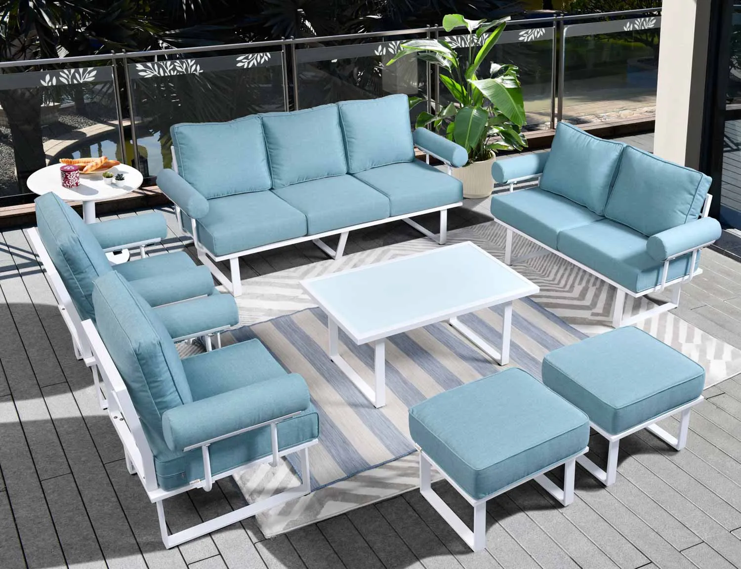 Ovios Outdoor Furniture 7 Piece with Table and 2 Ottomans, Aluminum Frame