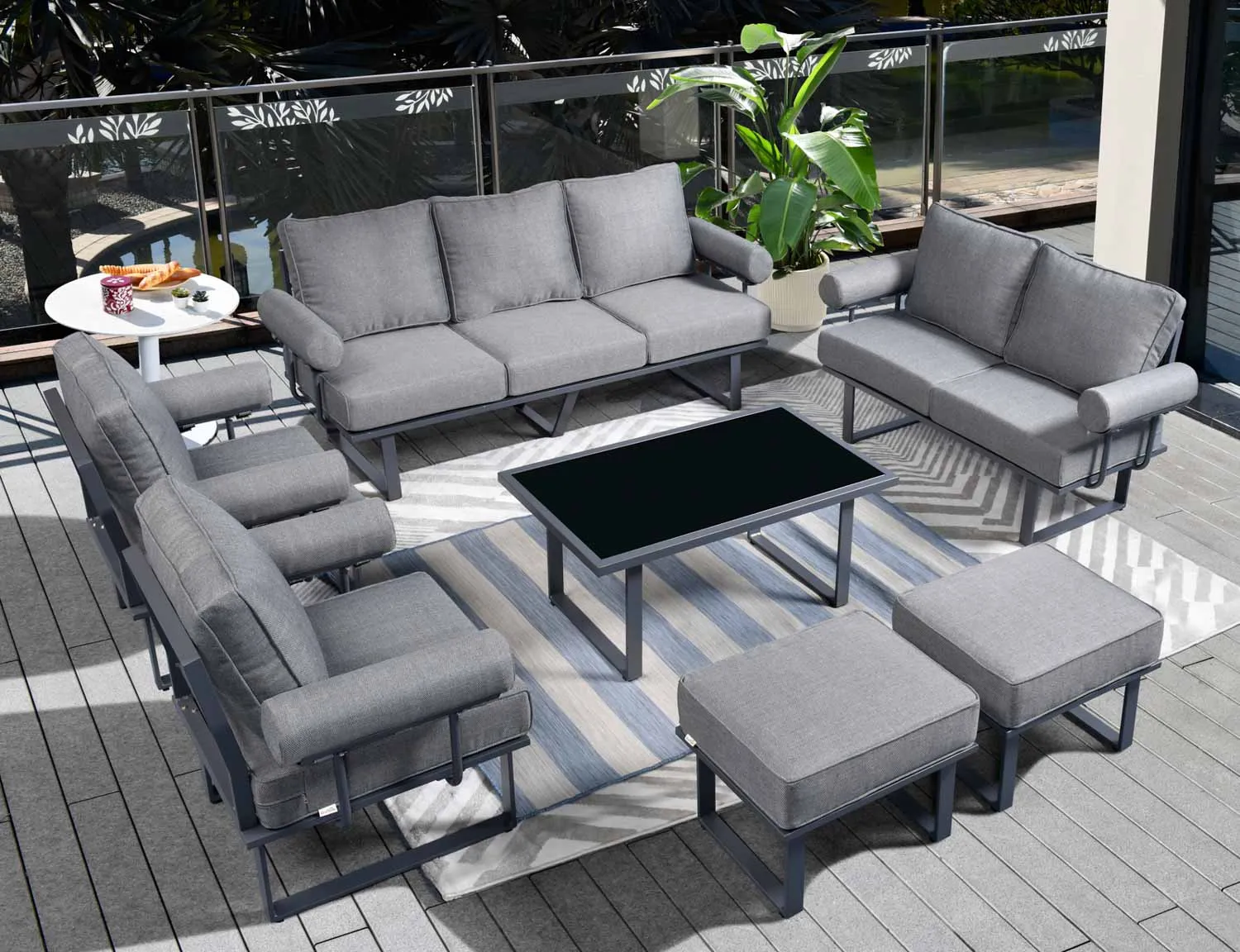 Ovios Outdoor Furniture 7 Piece with Table and 2 Ottomans, Aluminum Frame