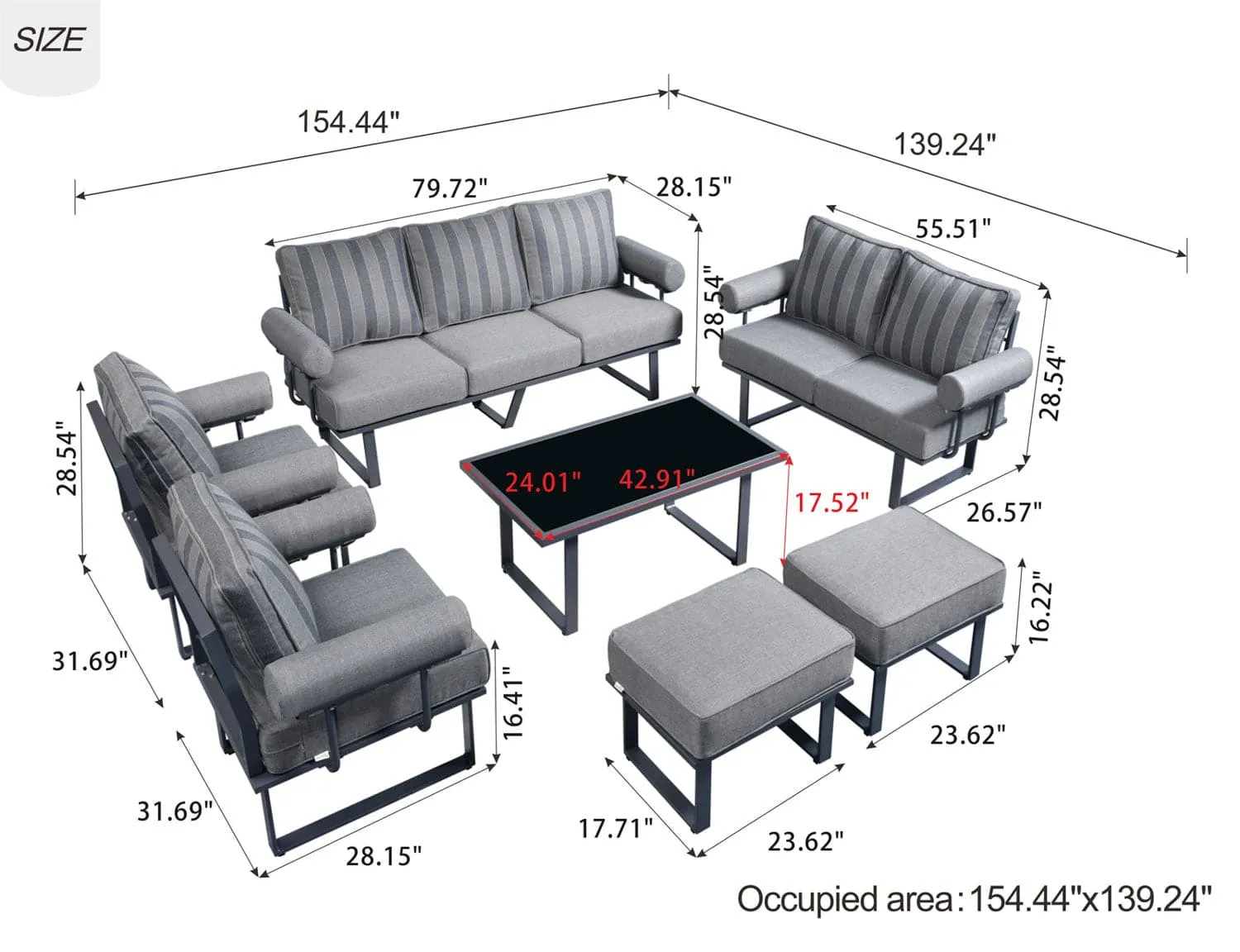 Ovios Outdoor Furniture 7 Piece with Table and 2 Ottomans, Aluminum Frame