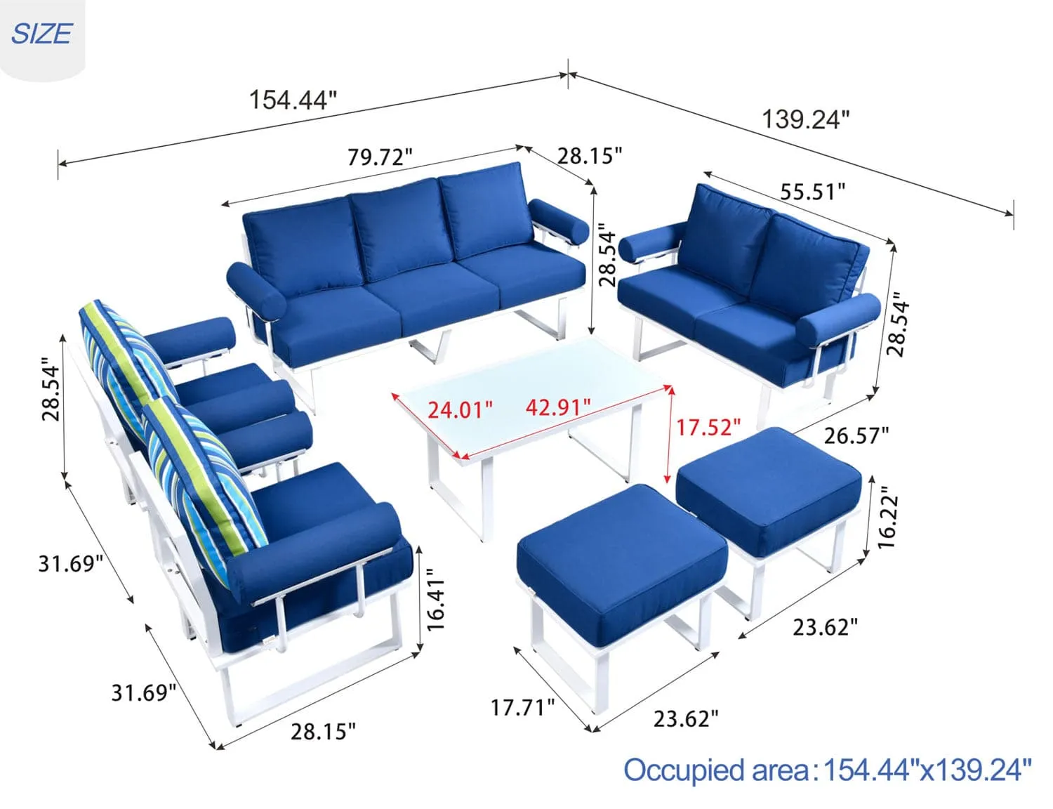 Ovios Outdoor Furniture 7 Piece with Table and 2 Ottomans, Aluminum Frame