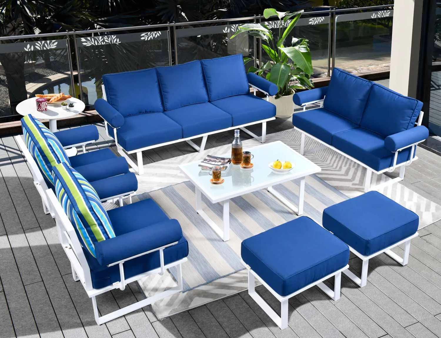 Ovios Outdoor Furniture 7 Piece with Table and 2 Ottomans, Aluminum Frame