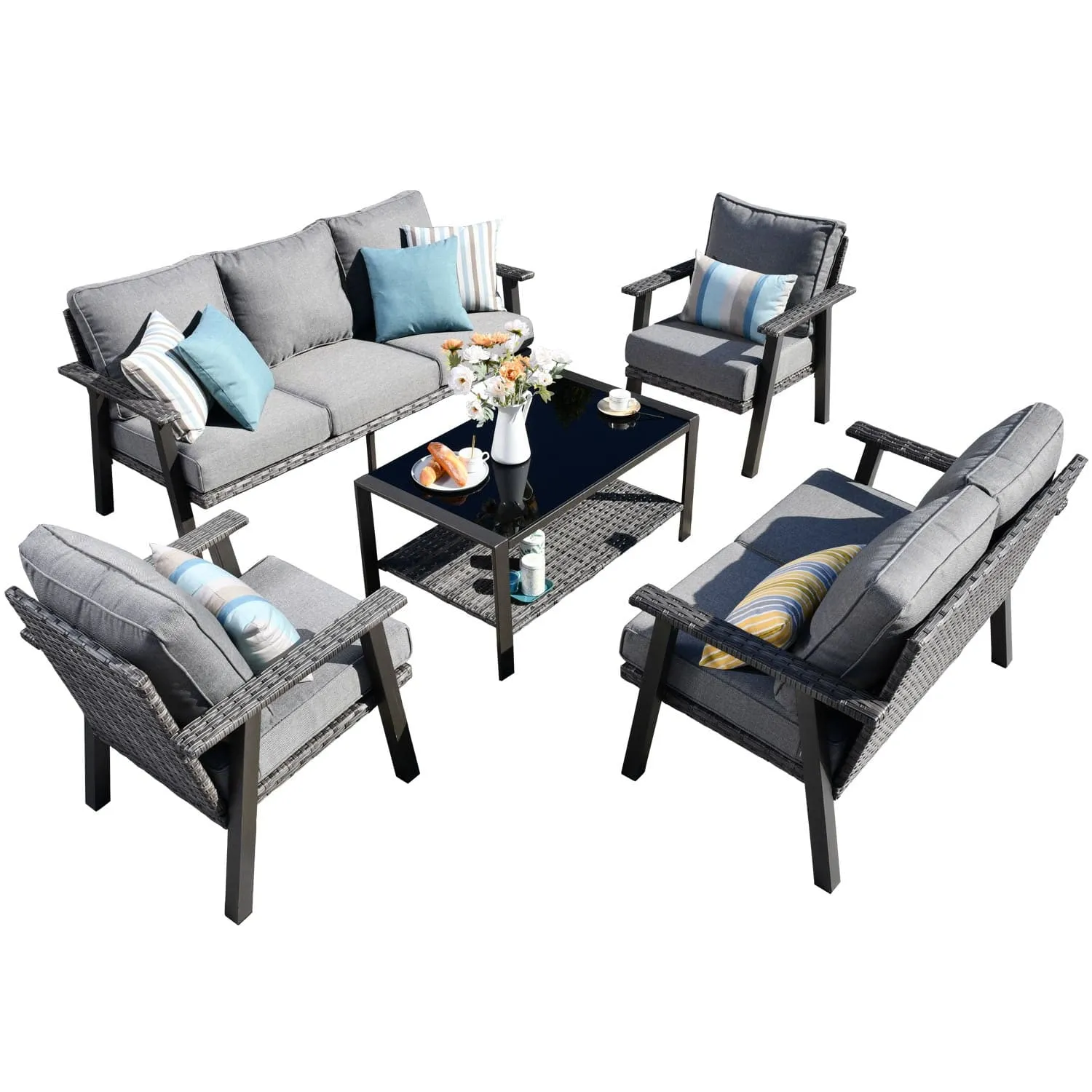 Ovios Patio Conversation Set 7 Person Seating with Table, 5''Cushion, Olefin Fabric