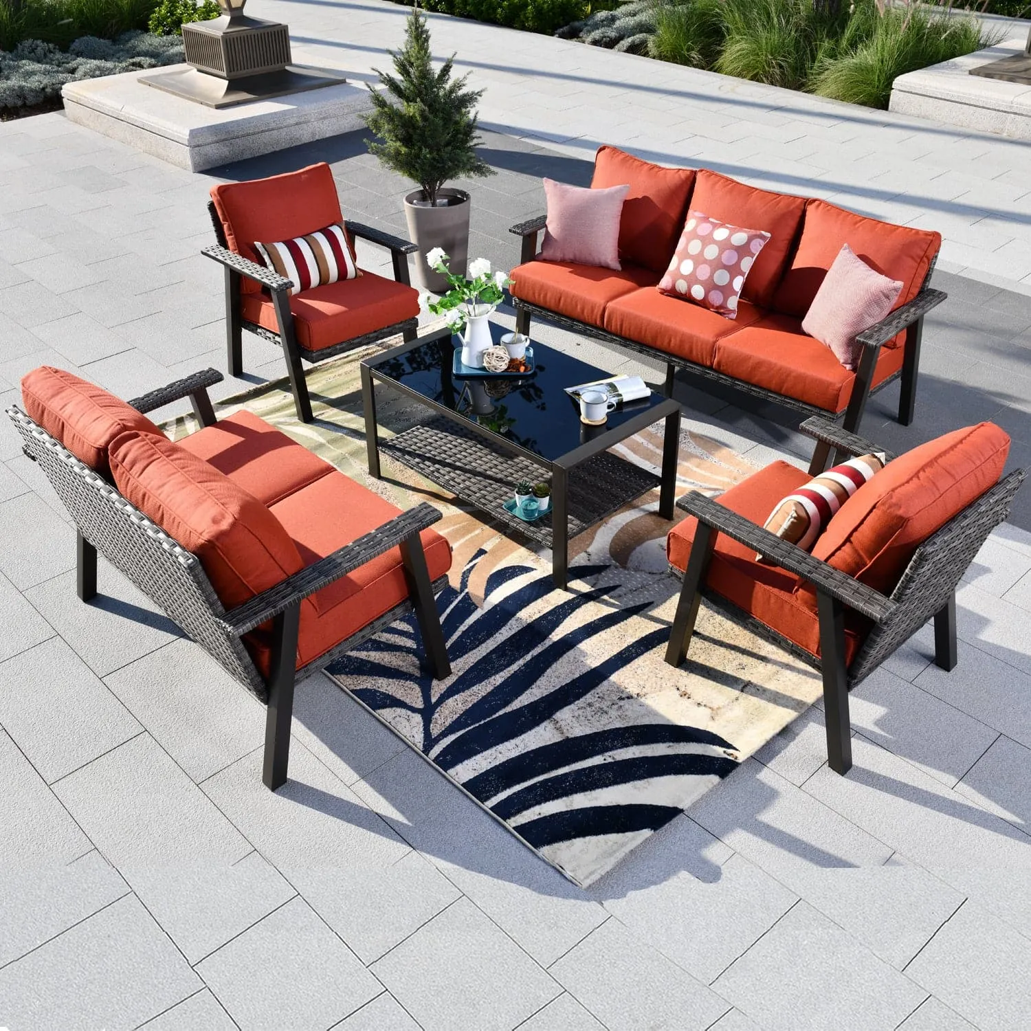 Ovios Patio Conversation Set 7 Person Seating with Table, 5''Cushion, Olefin Fabric