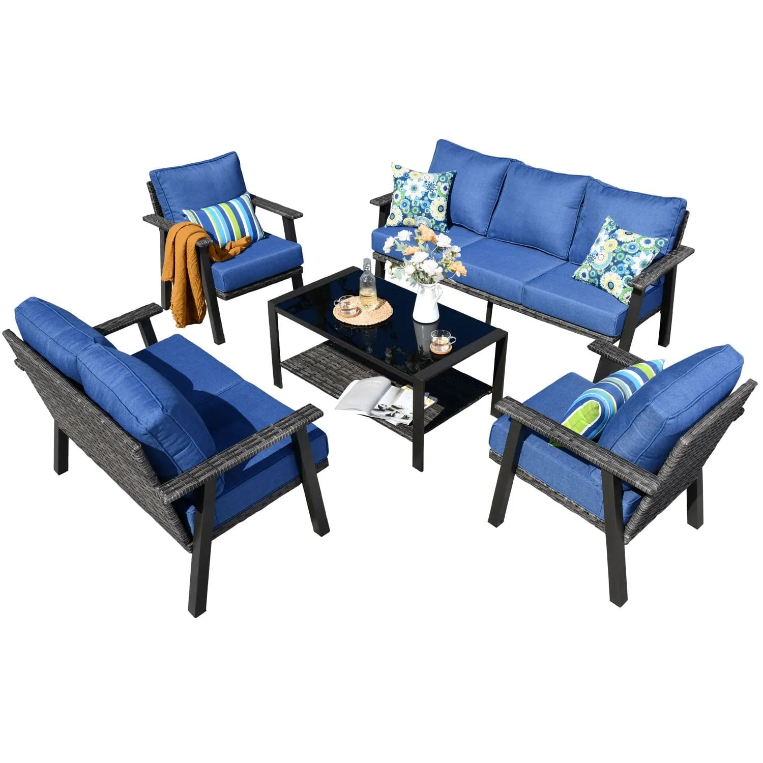 Ovios Patio Conversation Set 7 Person Seating with Table, 5''Cushion, Olefin Fabric