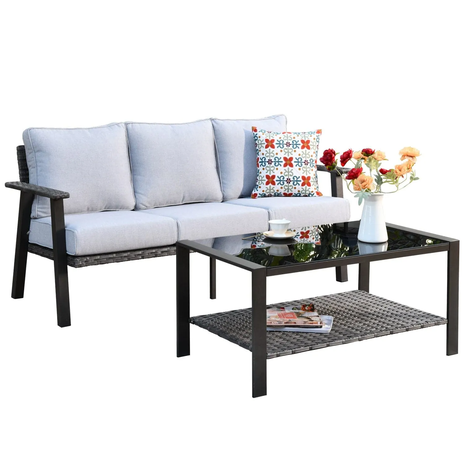 Ovios Patio Conversation Set 7 Person Seating with Table, 5''Cushion, Olefin Fabric