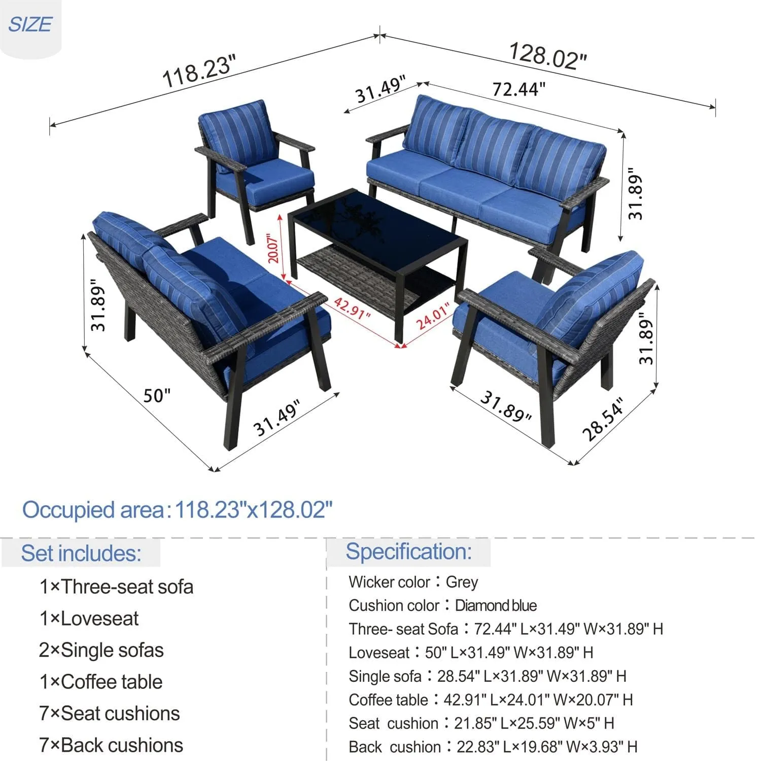 Ovios Patio Conversation Set 7 Person Seating with Table, 5''Cushion, Olefin Fabric