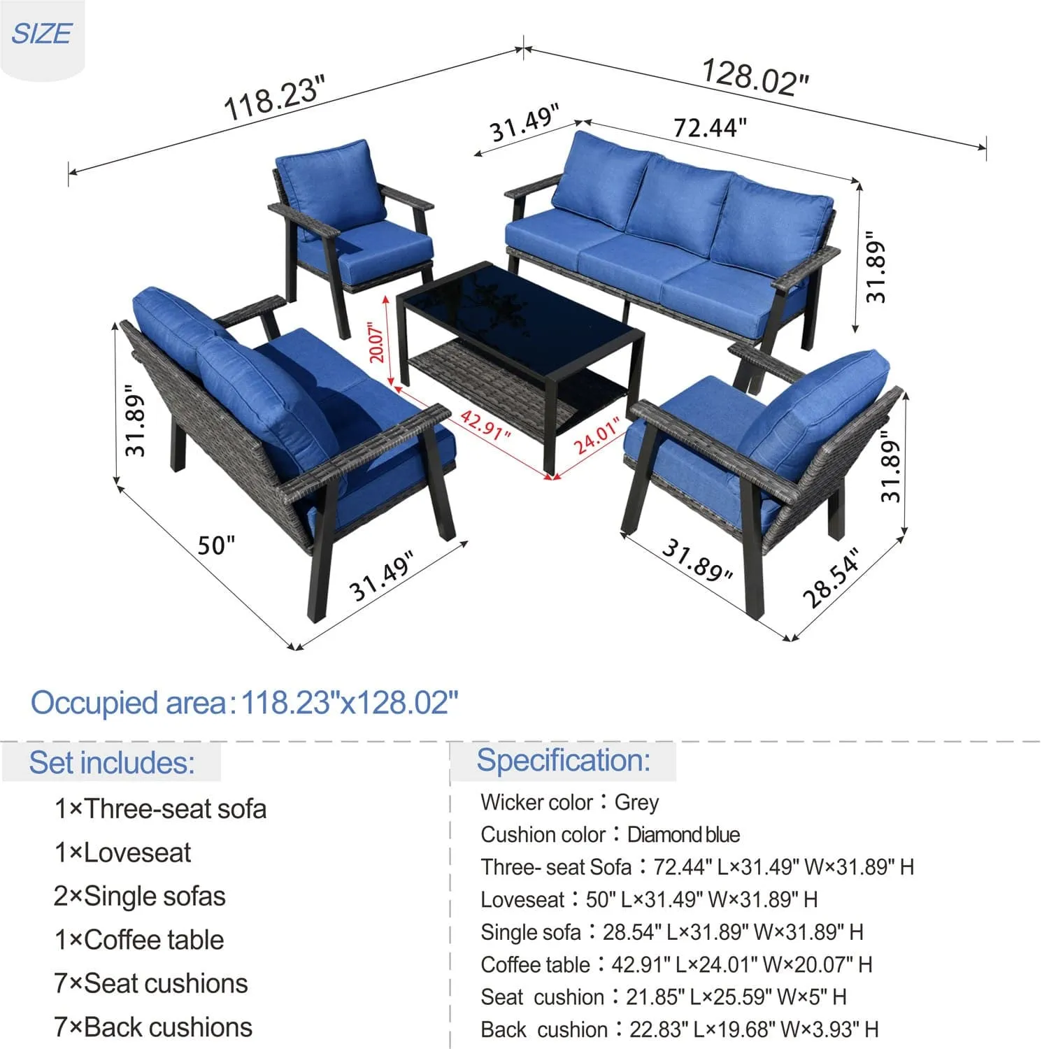 Ovios Patio Conversation Set 7 Person Seating with Table, 5''Cushion, Olefin Fabric