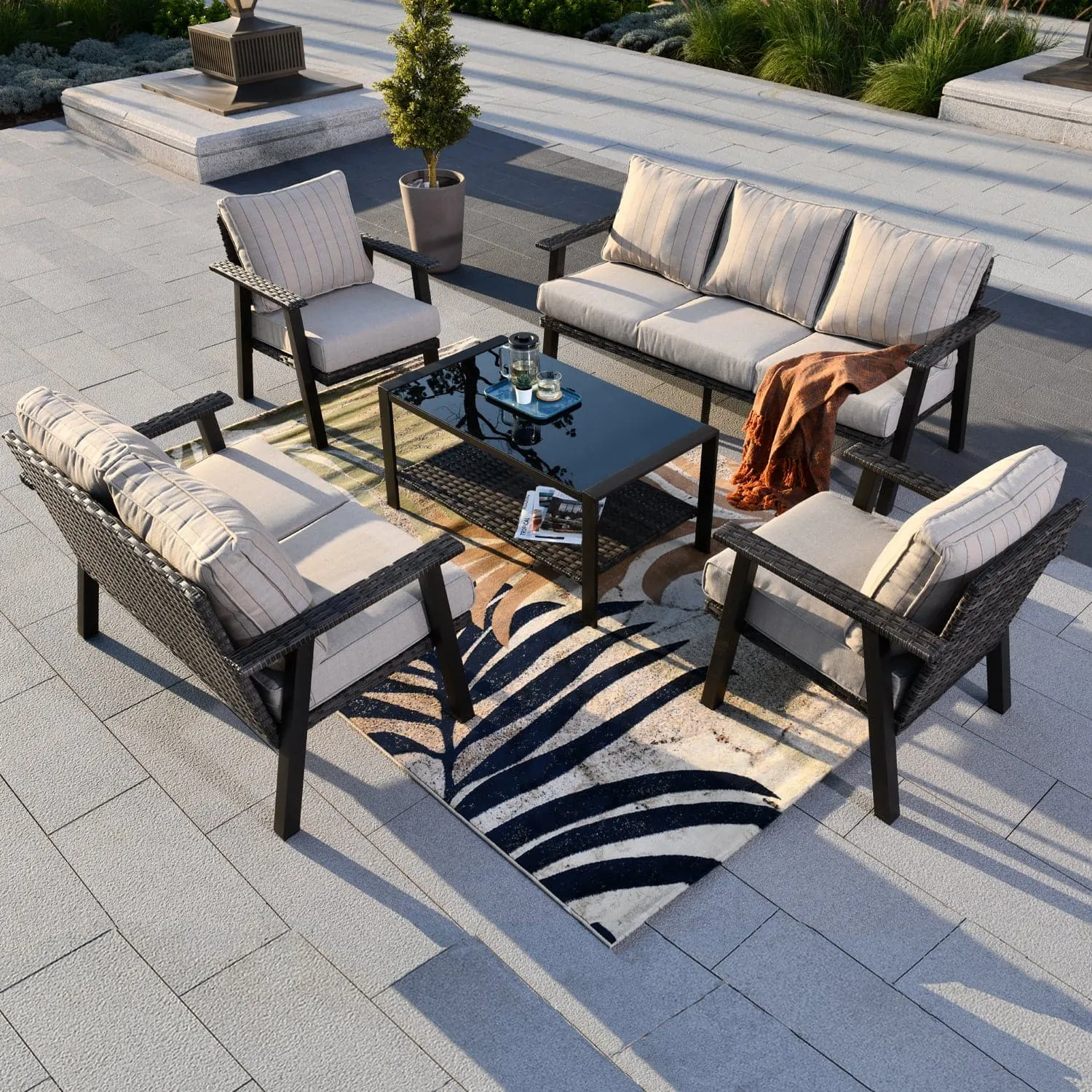 Ovios Patio Conversation Set 7 Person Seating with Table, 5''Cushion, Olefin Fabric