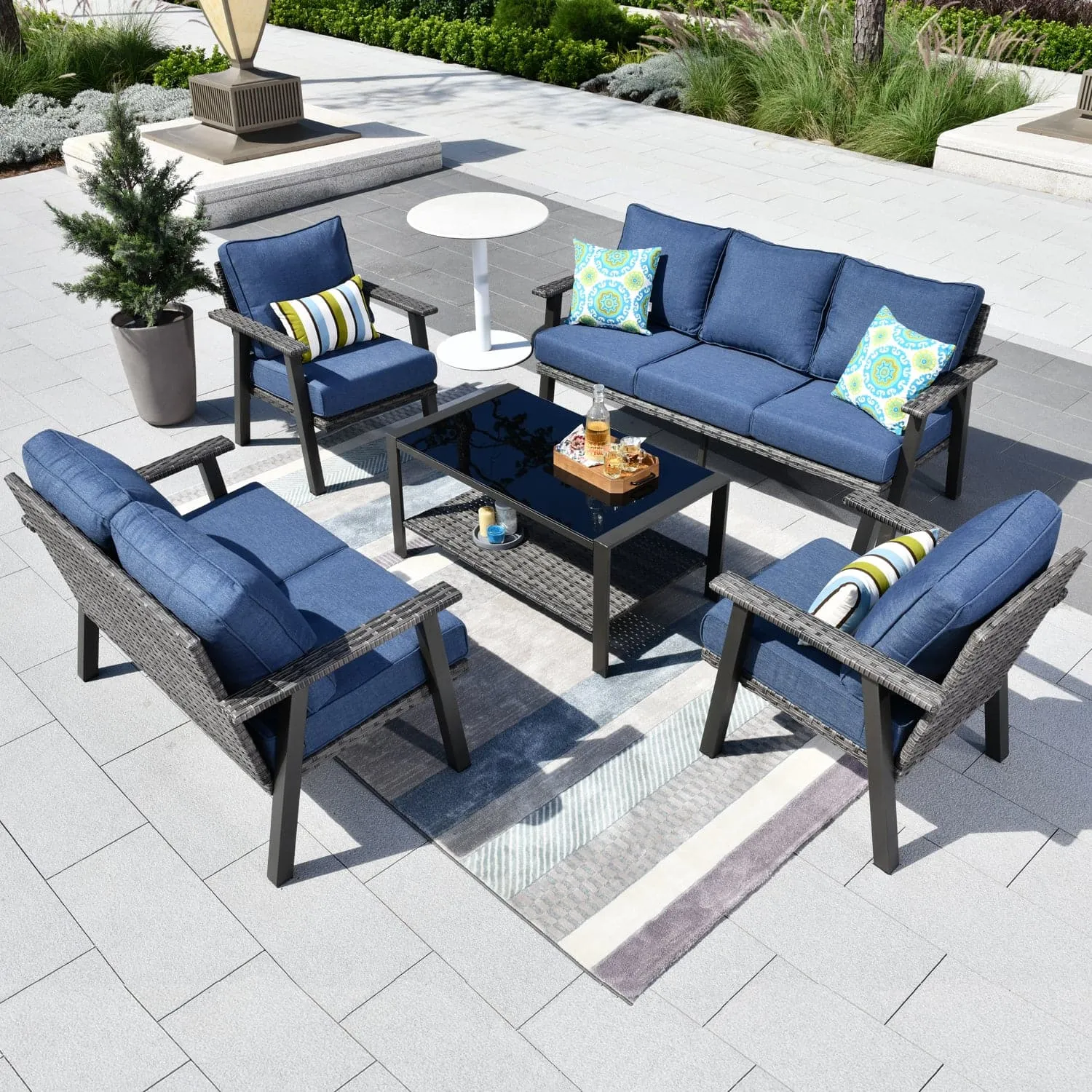 Ovios Patio Conversation Set 7 Person Seating with Table, 5''Cushion, Olefin Fabric