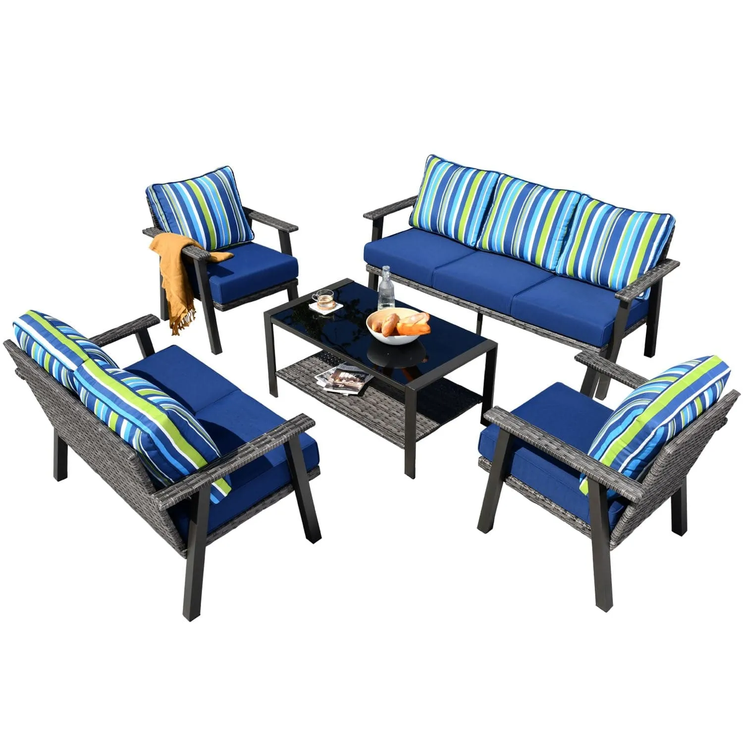 Ovios Patio Conversation Set 7 Person Seating with Table, 5''Cushion, Olefin Fabric