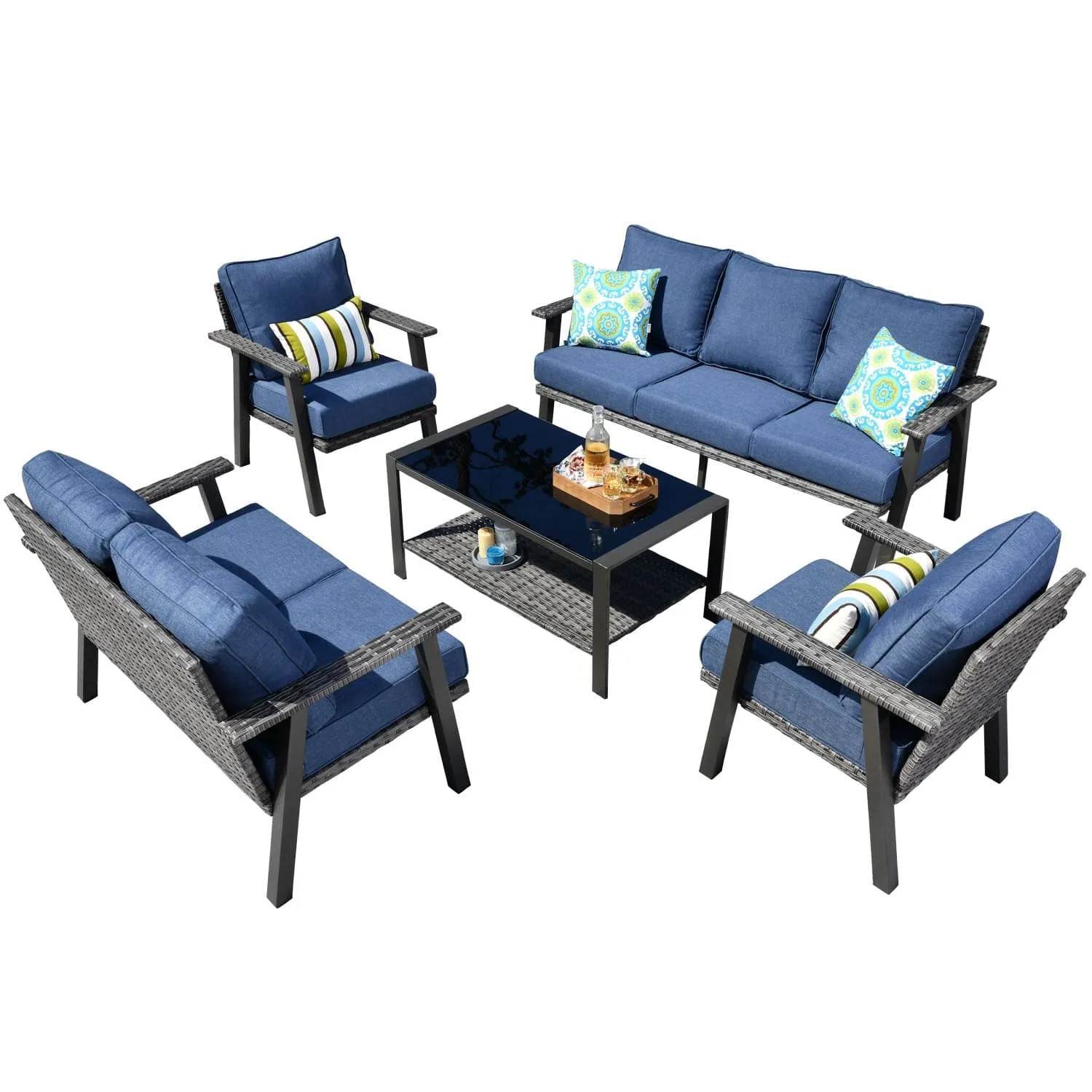 Ovios Patio Conversation Set 7 Person Seating with Table, 5''Cushion, Olefin Fabric