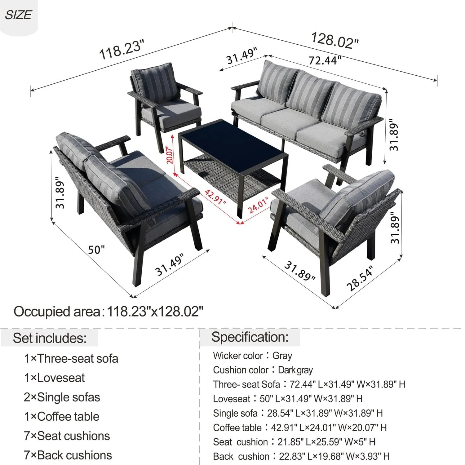 Ovios Patio Conversation Set 7 Person Seating with Table, 5''Cushion, Olefin Fabric