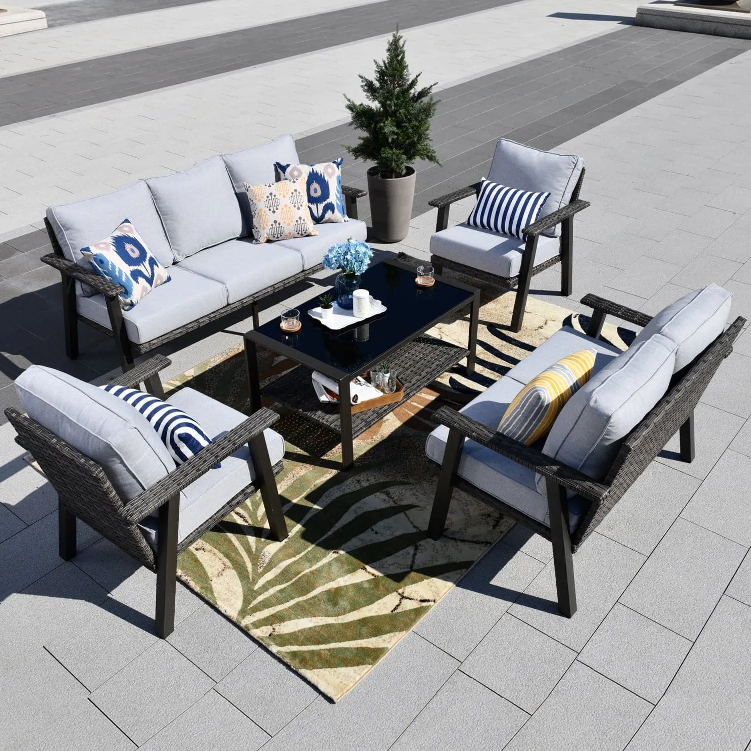 Ovios Patio Conversation Set 7 Person Seating with Table, 5''Cushion, Olefin Fabric