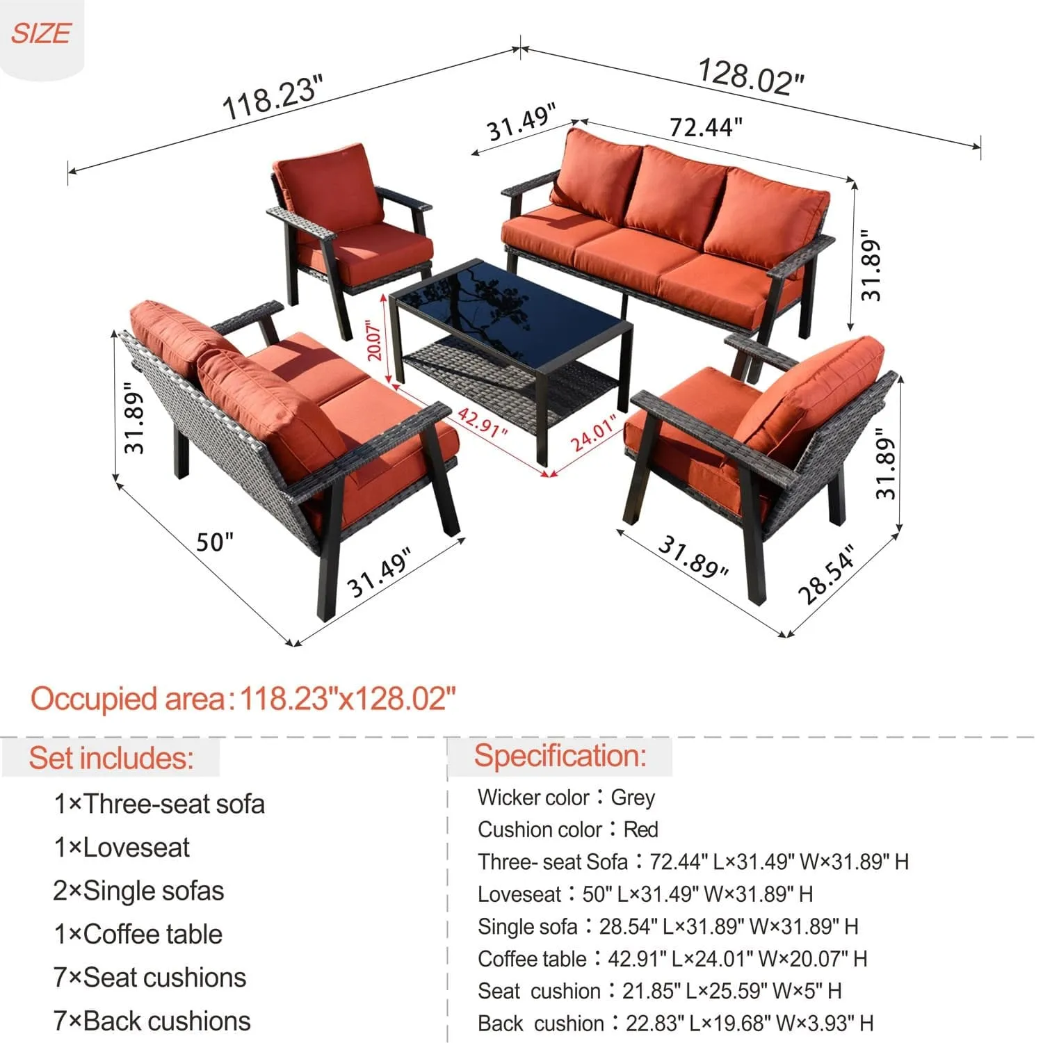 Ovios Patio Conversation Set 7 Person Seating with Table, 5''Cushion, Olefin Fabric