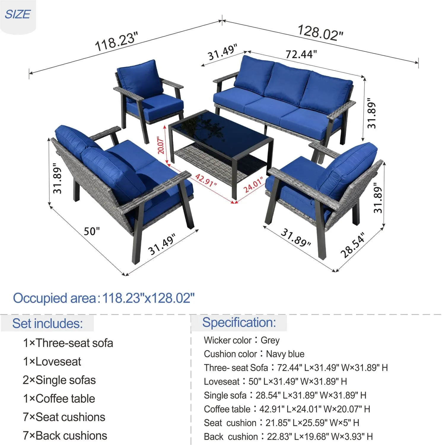 Ovios Patio Conversation Set 7 Person Seating with Table, 5''Cushion, Olefin Fabric