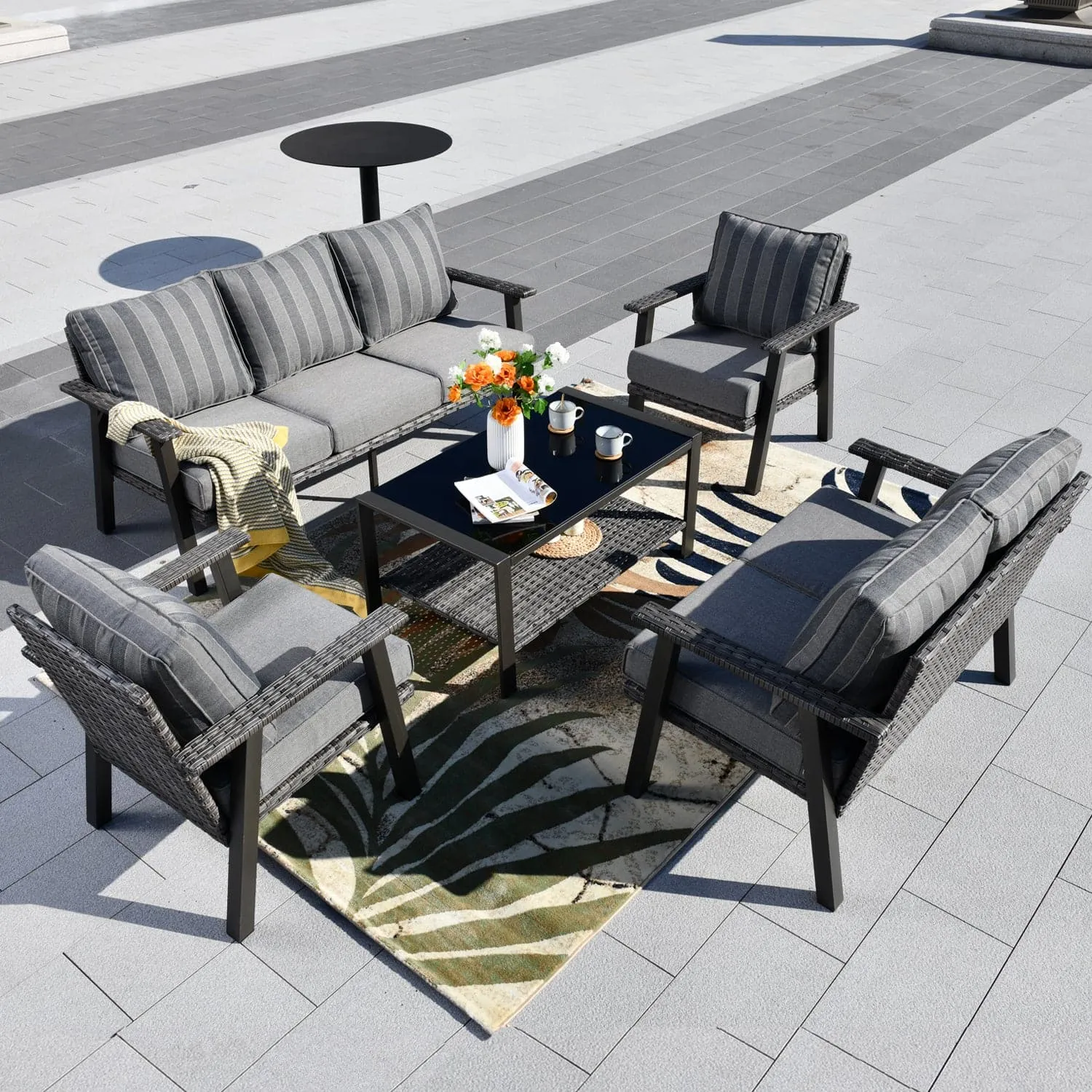 Ovios Patio Conversation Set 7 Person Seating with Table, 5''Cushion, Olefin Fabric