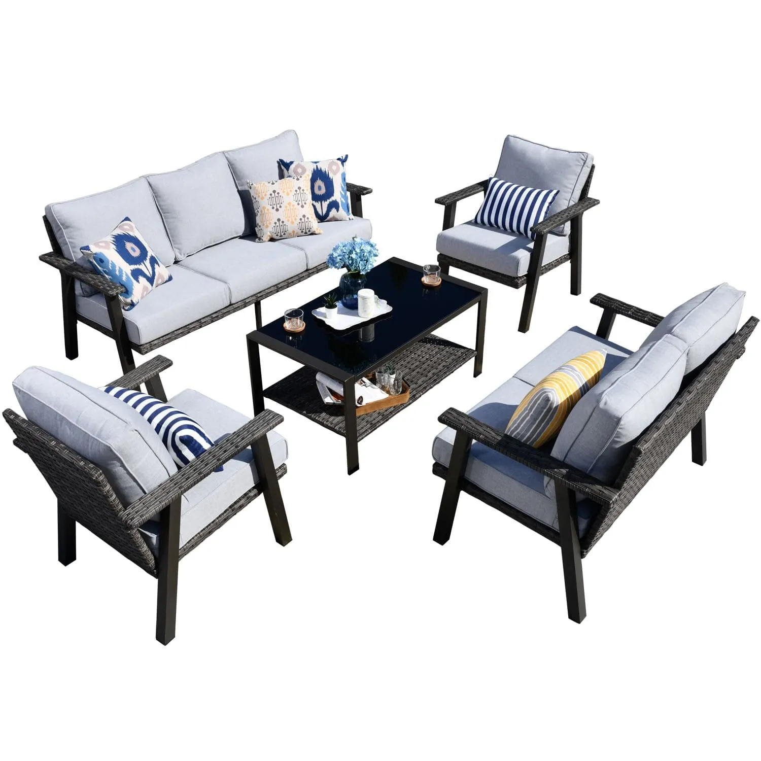 Ovios Patio Conversation Set 7 Person Seating with Table, 5''Cushion, Olefin Fabric