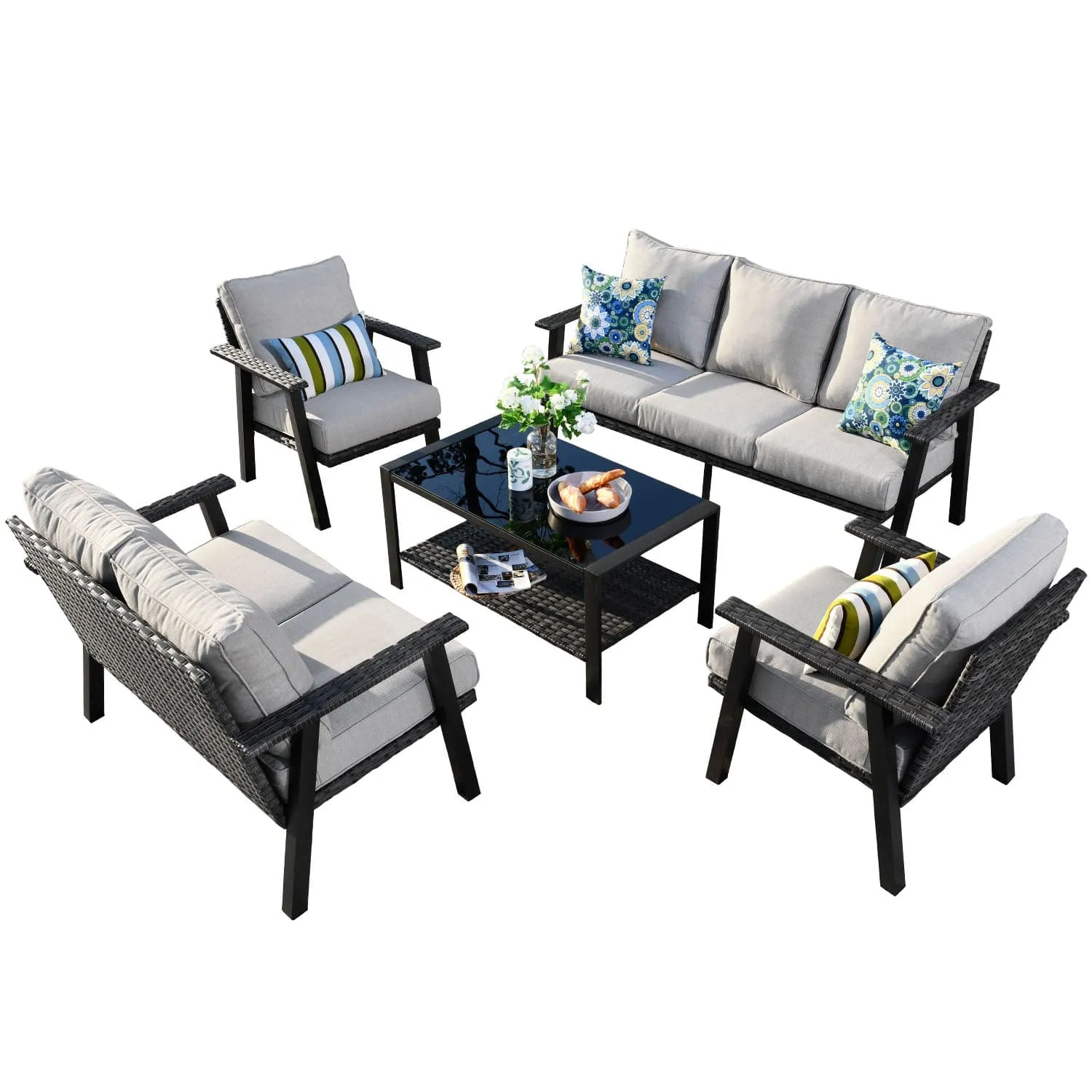 Ovios Patio Conversation Set 7 Person Seating with Table, 5''Cushion, Olefin Fabric