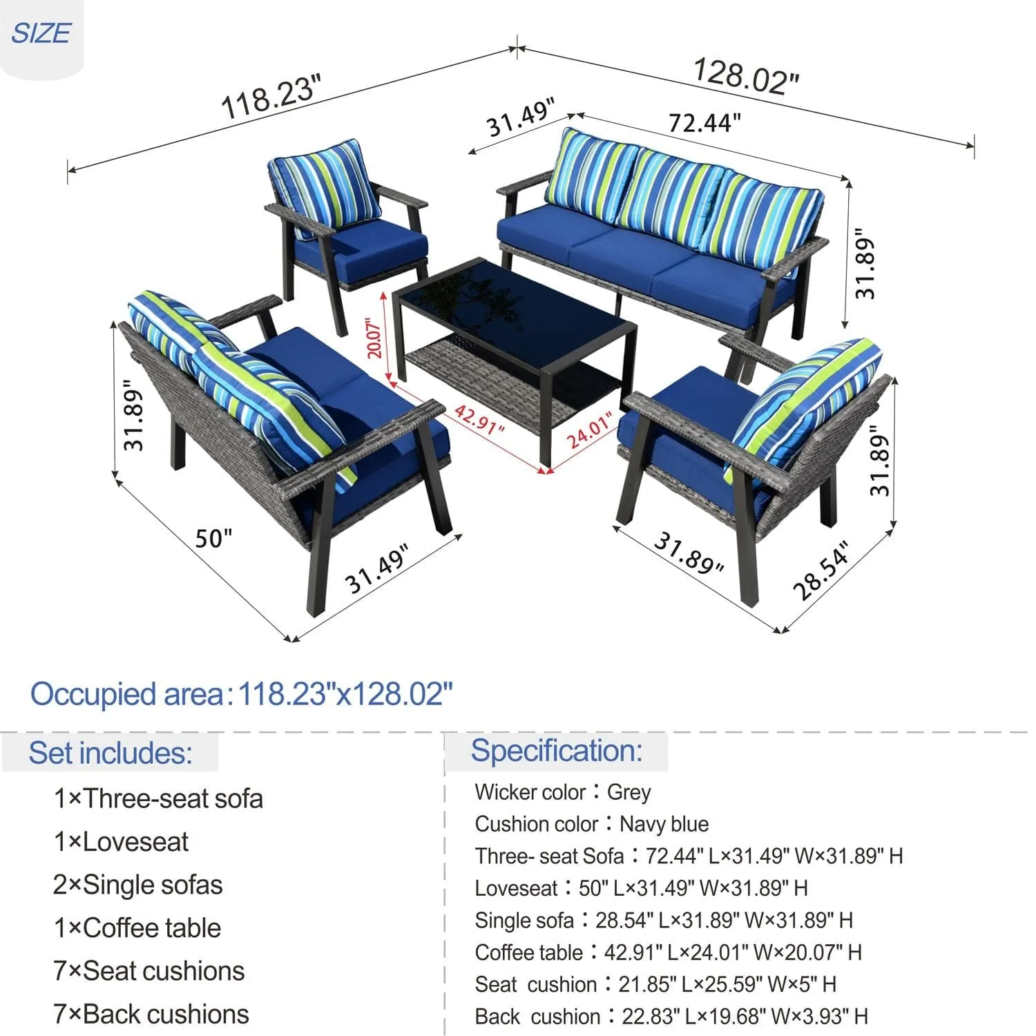 Ovios Patio Conversation Set 7 Person Seating with Table, 5''Cushion, Olefin Fabric