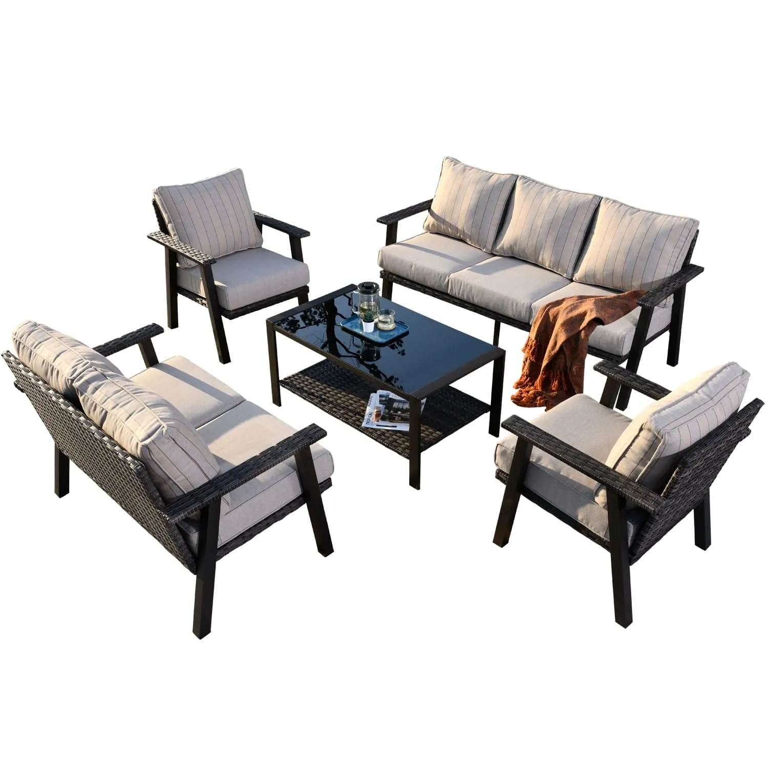 Ovios Patio Conversation Set 7 Person Seating with Table, 5''Cushion, Olefin Fabric