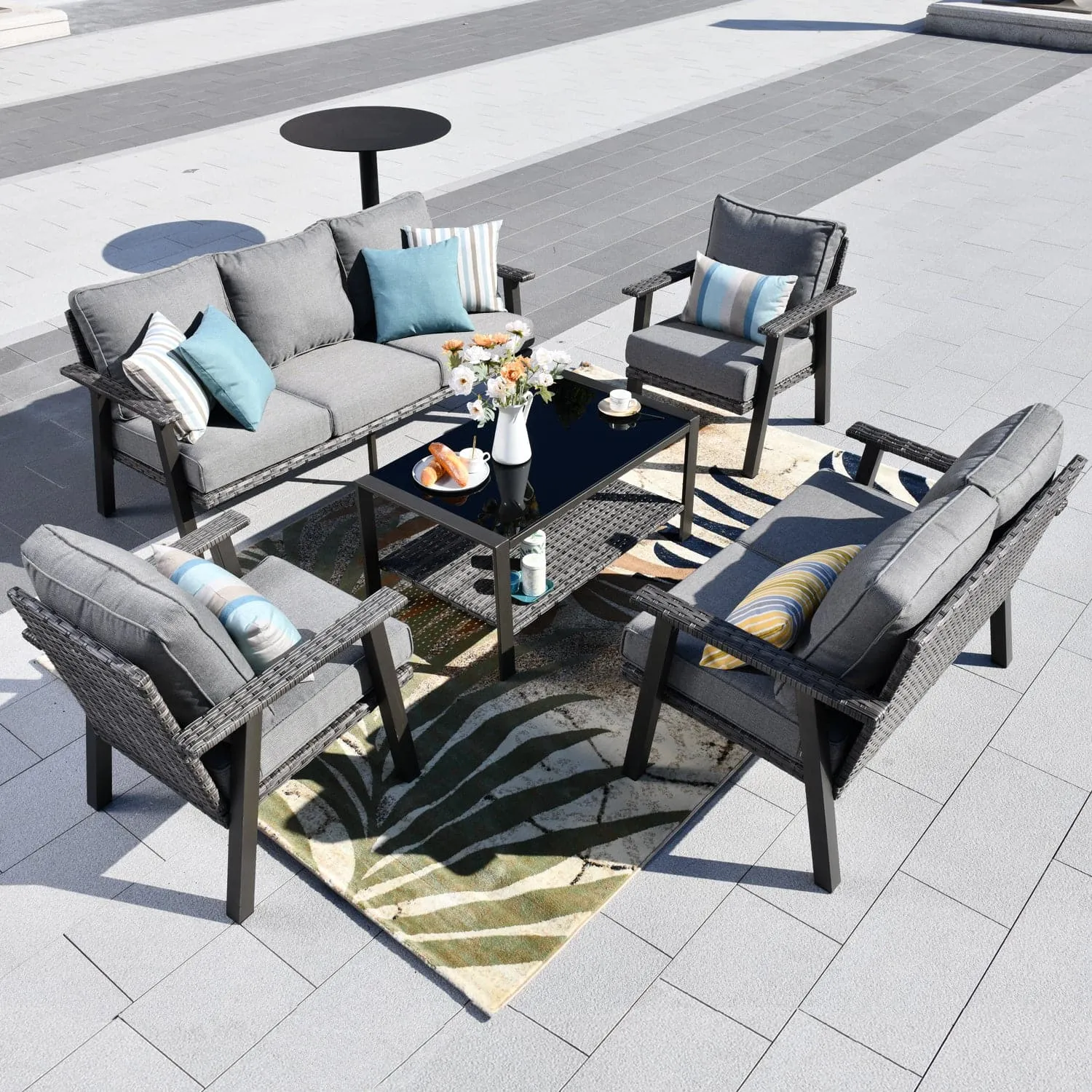 Ovios Patio Conversation Set 7 Person Seating with Table, 5''Cushion, Olefin Fabric