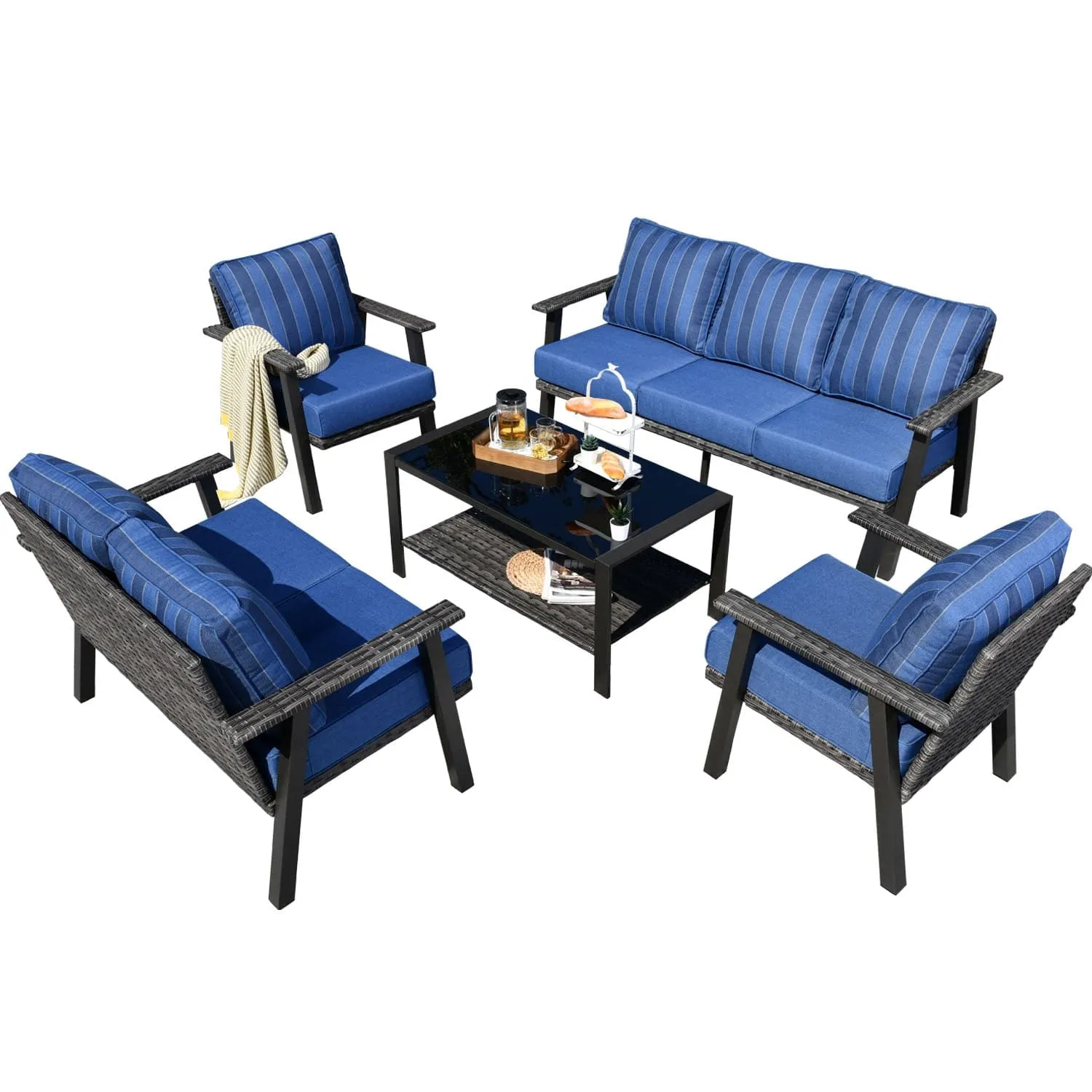 Ovios Patio Conversation Set 7 Person Seating with Table, 5''Cushion, Olefin Fabric