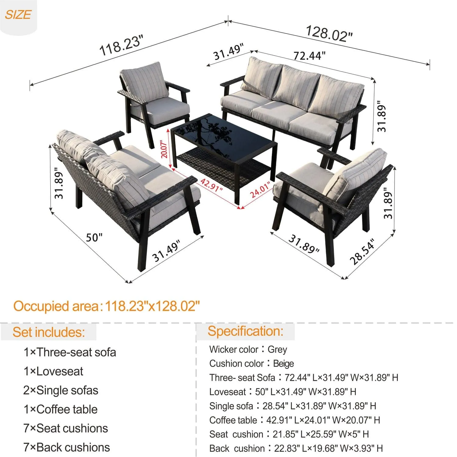 Ovios Patio Conversation Set 7 Person Seating with Table, 5''Cushion, Olefin Fabric