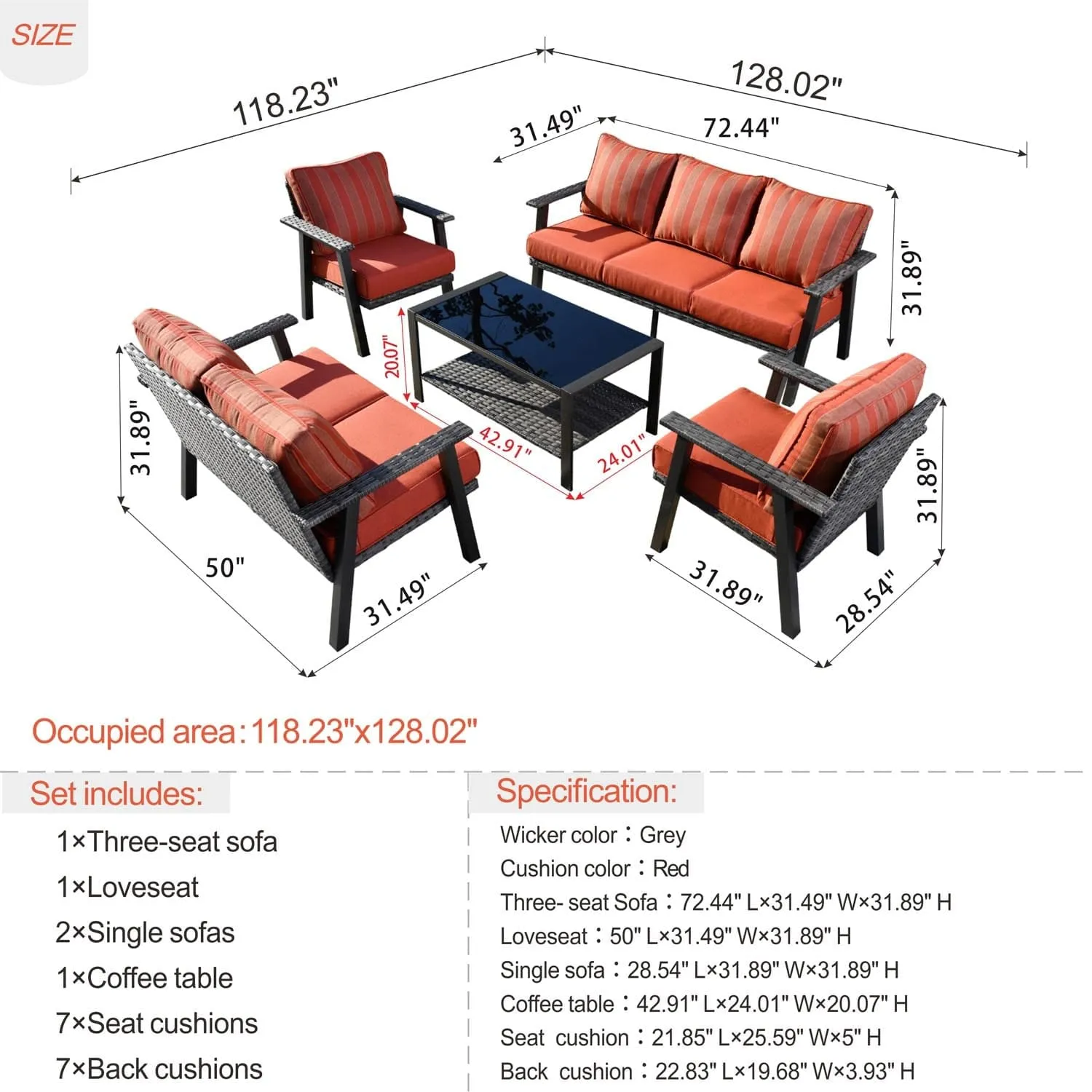 Ovios Patio Conversation Set 7 Person Seating with Table, 5''Cushion, Olefin Fabric