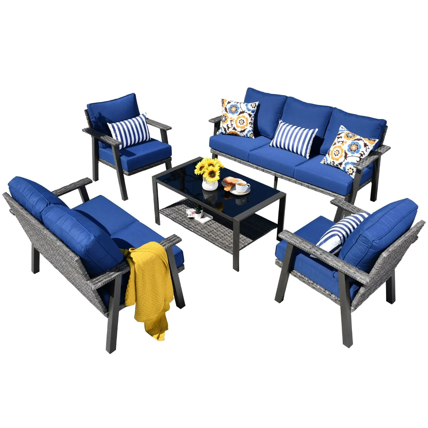 Ovios Patio Conversation Set 7 Person Seating with Table, 5''Cushion, Olefin Fabric