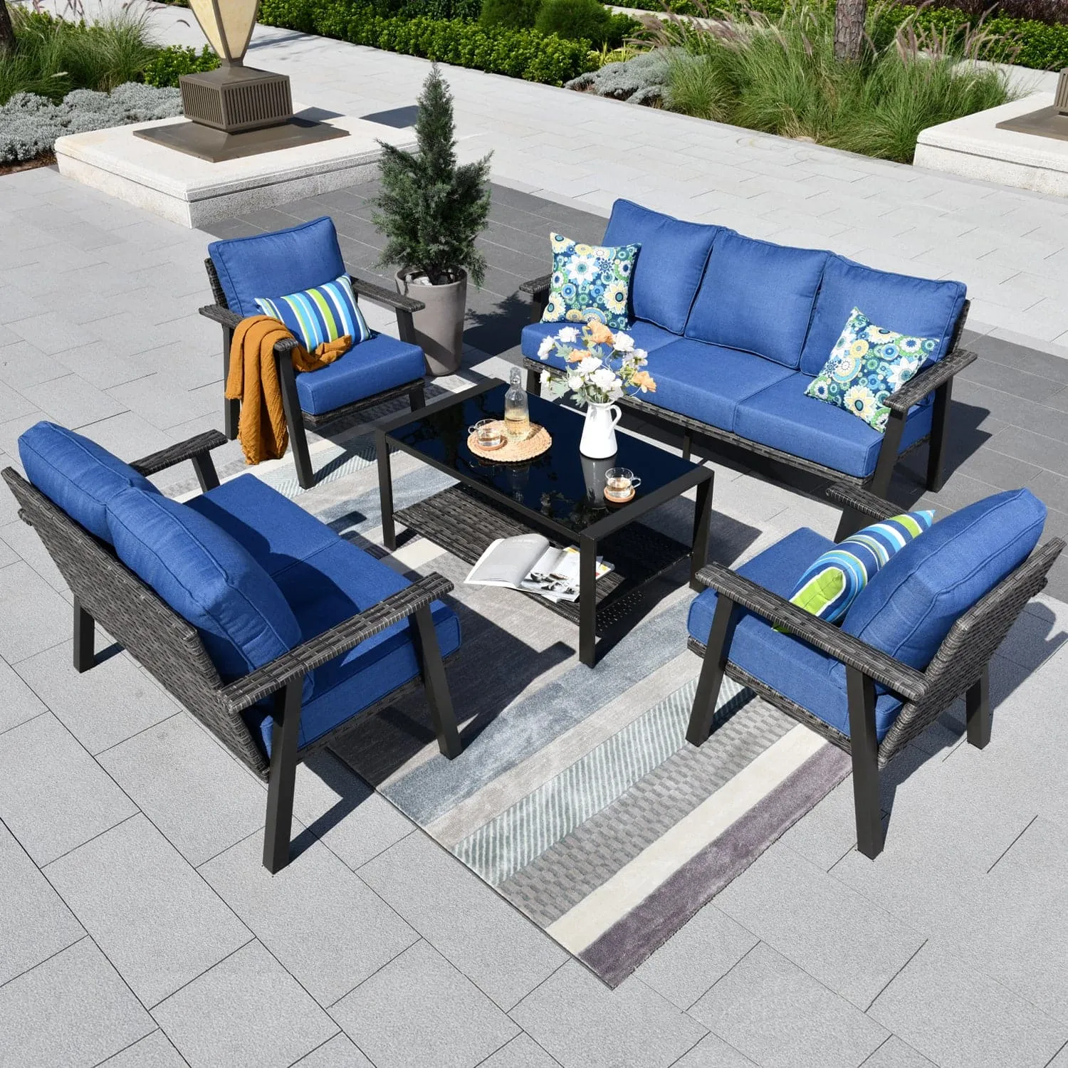 Ovios Patio Conversation Set 7 Person Seating with Table, 5''Cushion, Olefin Fabric