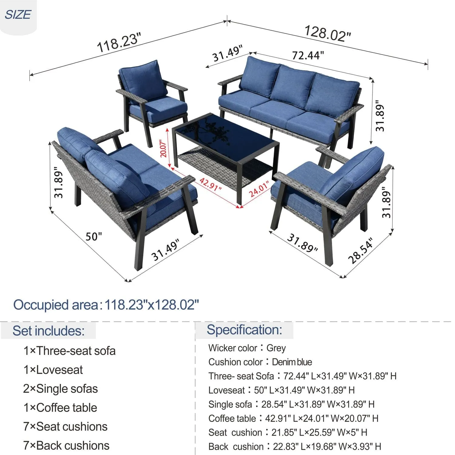 Ovios Patio Conversation Set 7 Person Seating with Table, 5''Cushion, Olefin Fabric